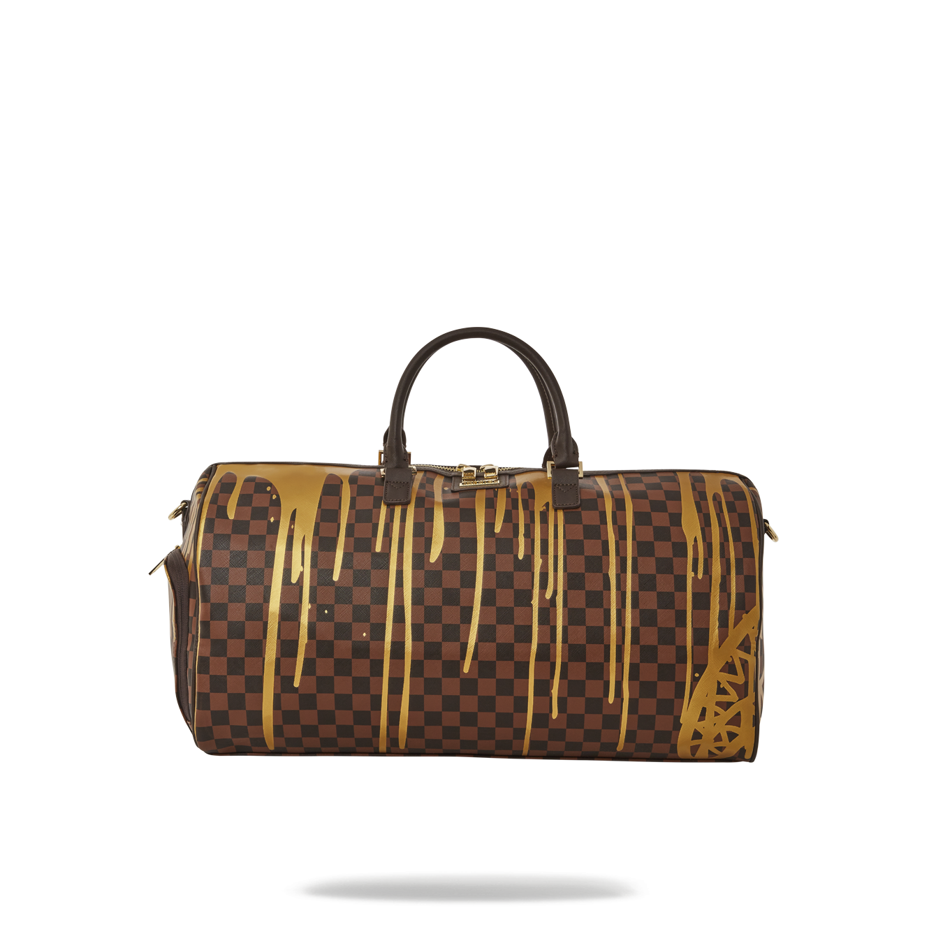 Front view of Paris Paint Emperor Duffle with gold zippers and adjustable straps