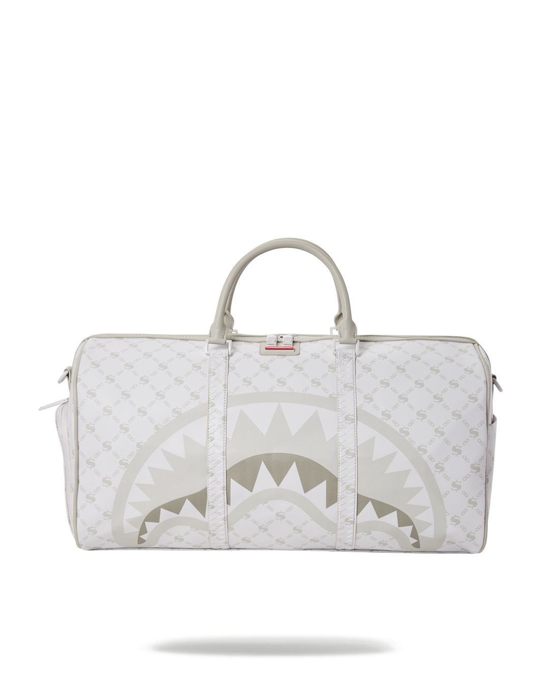 Side view of the luxury vegan leather duffle bag with adjustable straps.