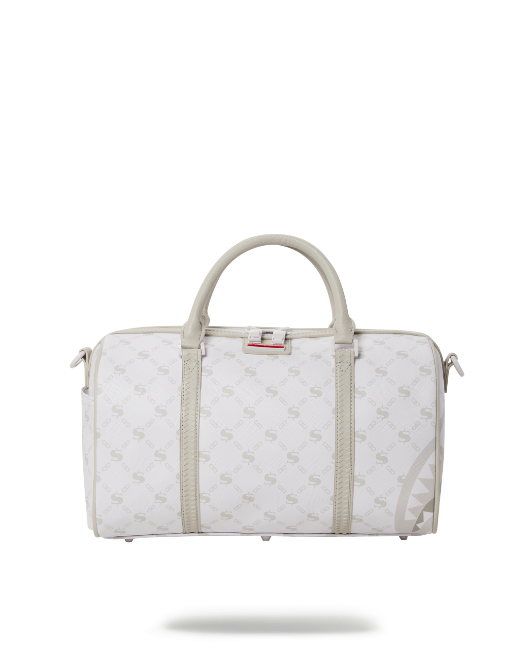 Top view of mini duffle bag showing gold zippers and back zipper pocket