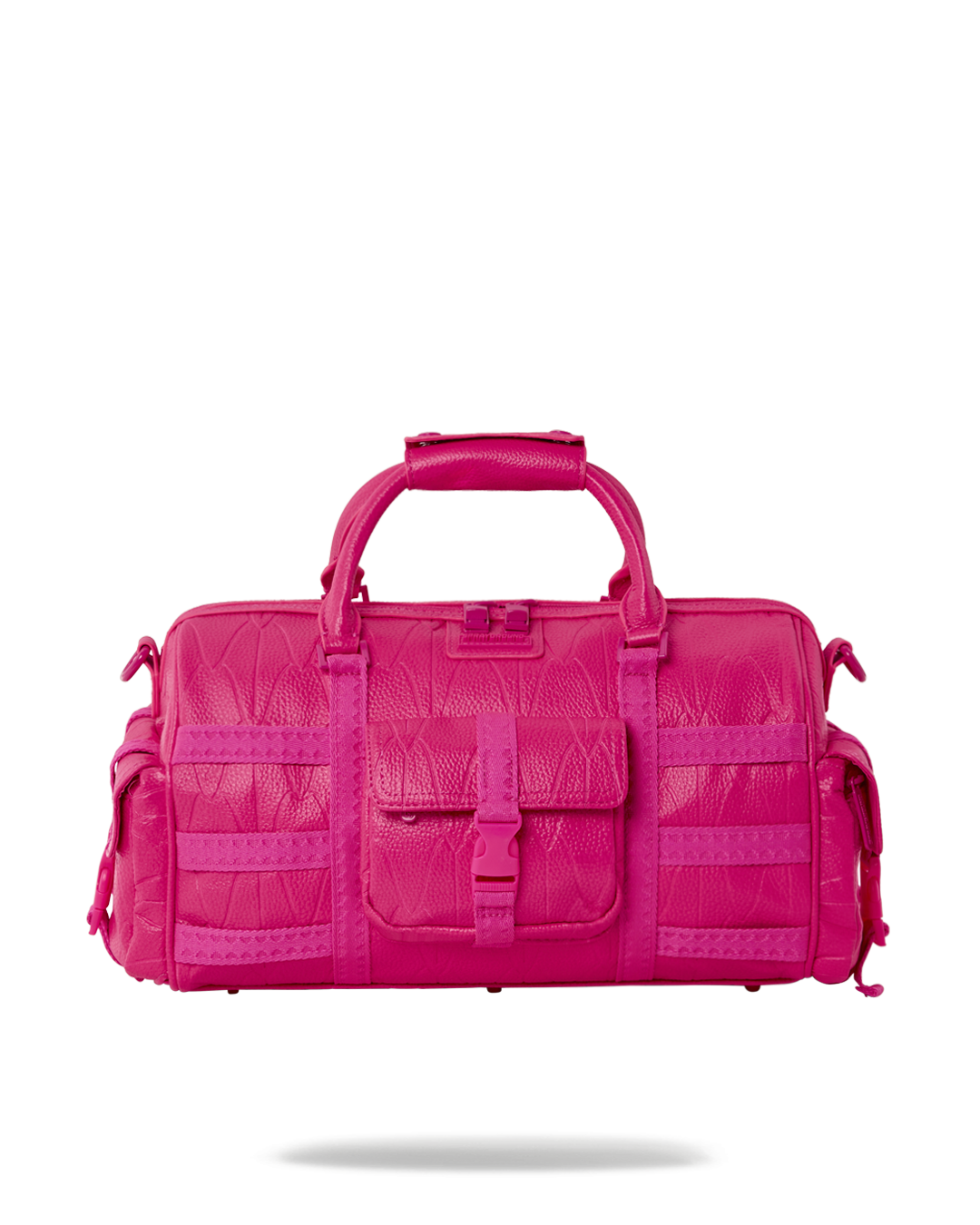Close-up of Sprayground Lotus Mini Duffle showing gold zippers and vegan leather texture