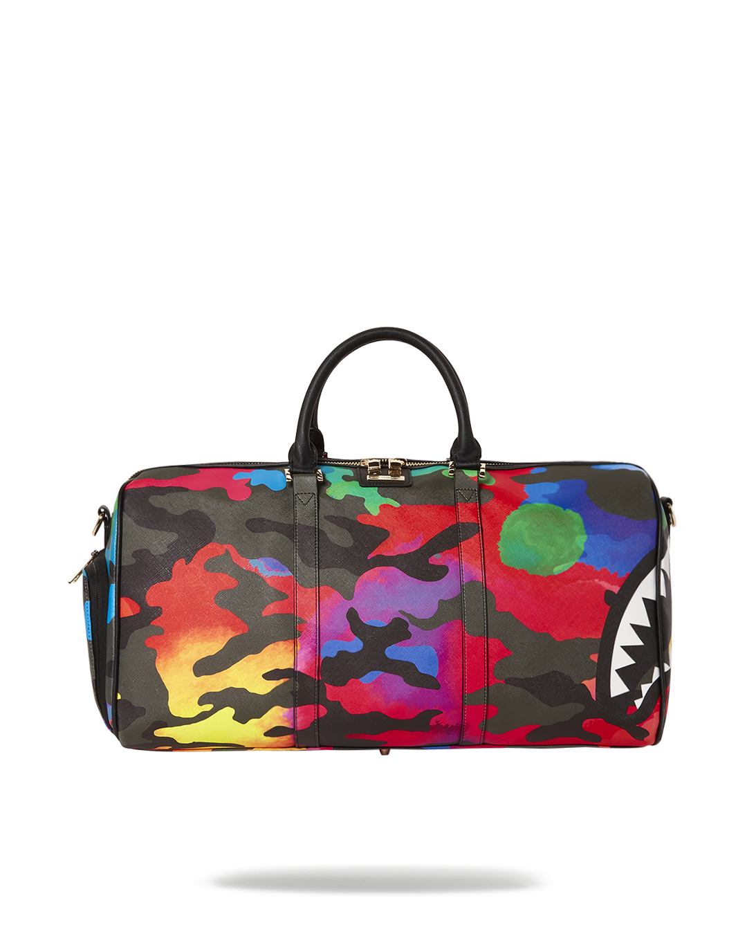 Front view of the Emperor Edition vegan leather travel duffle bag with gold zippers.