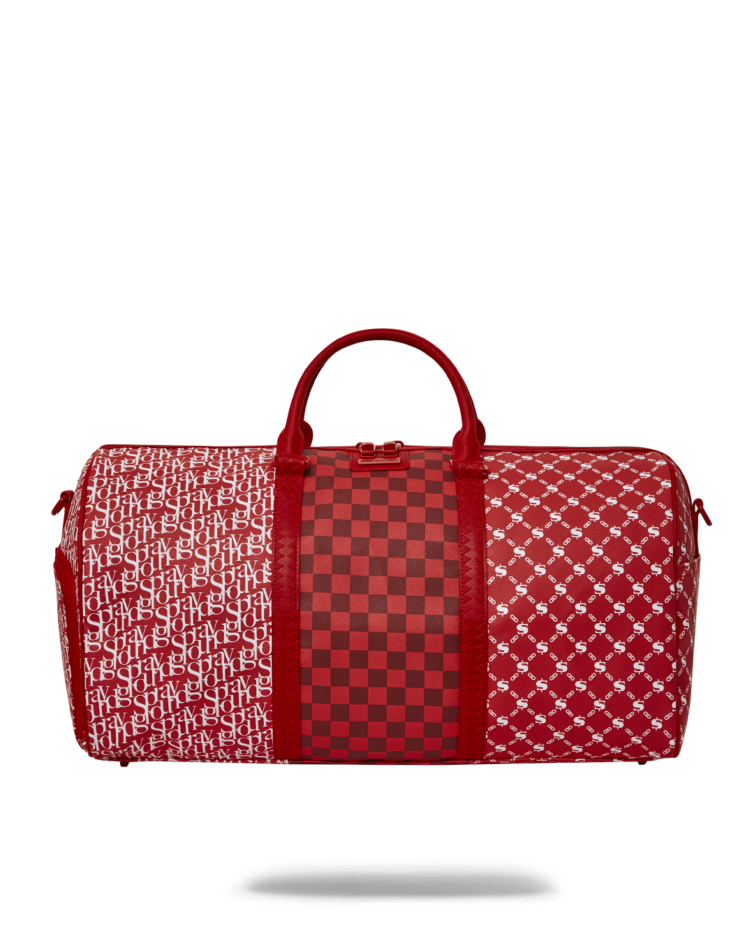Front view of a faux leather duffle bag showcasing its sleek design.