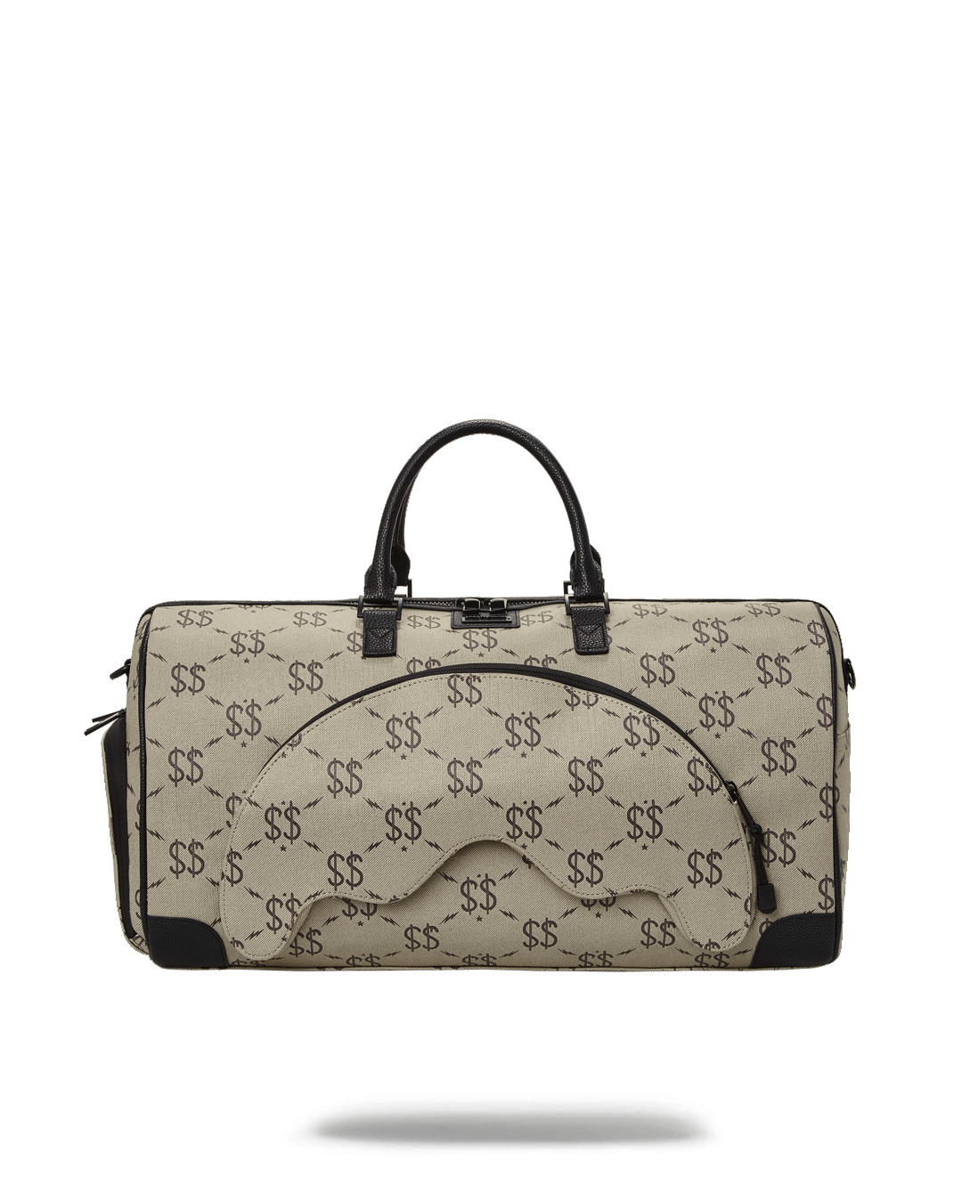 Faux leather duffle bag with gold zippers and adjustable straps, ideal for travel or golf trips