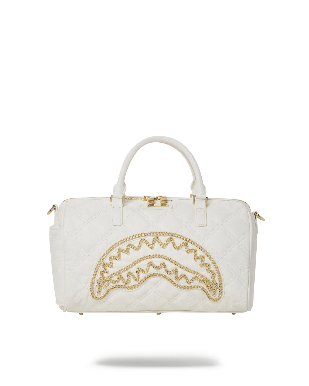 Side angle of faux leather crossbody bag with gold chain shark mouth design