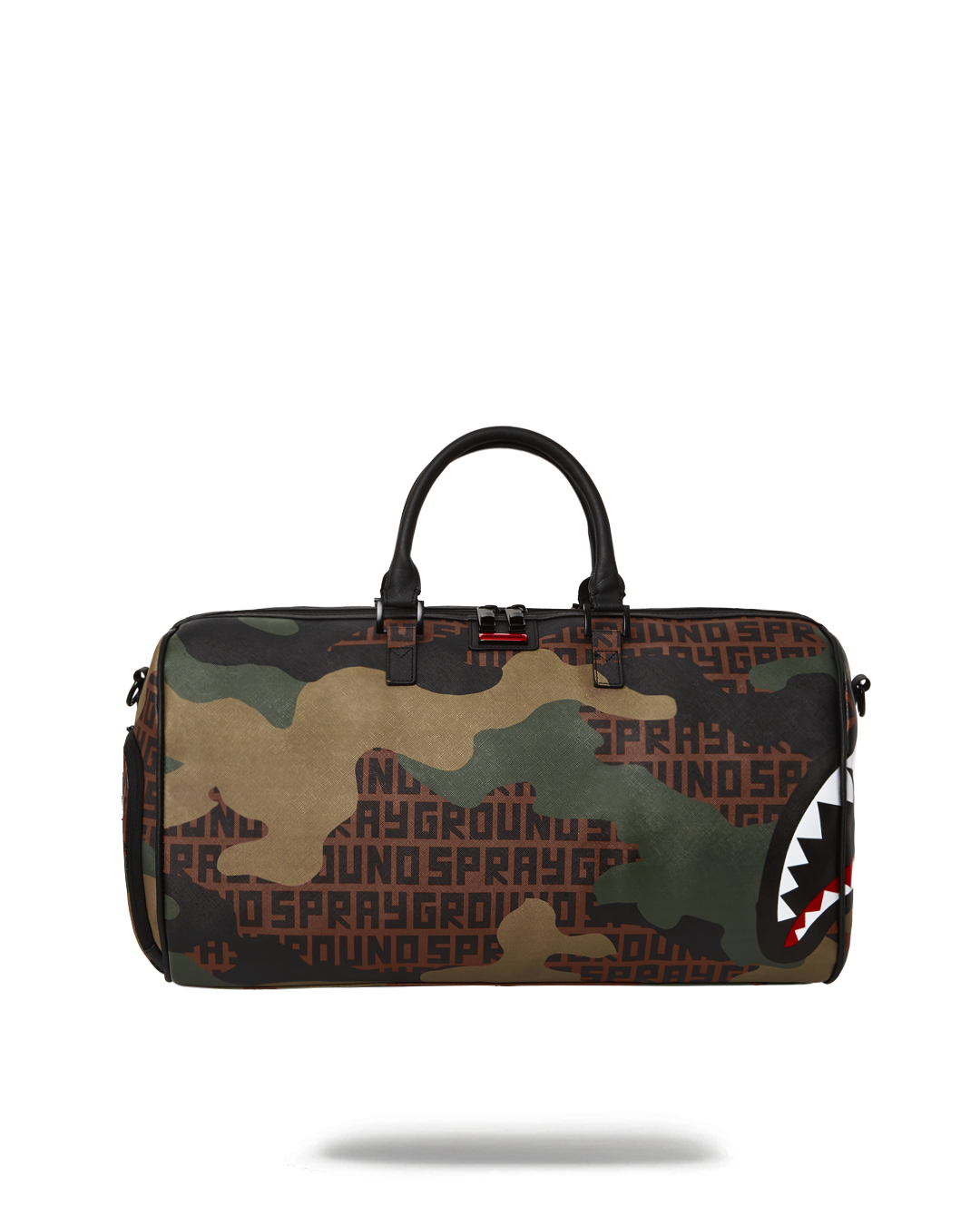 Camo duffle bag with faux leather finish and gold zippers, perfect for golf travel