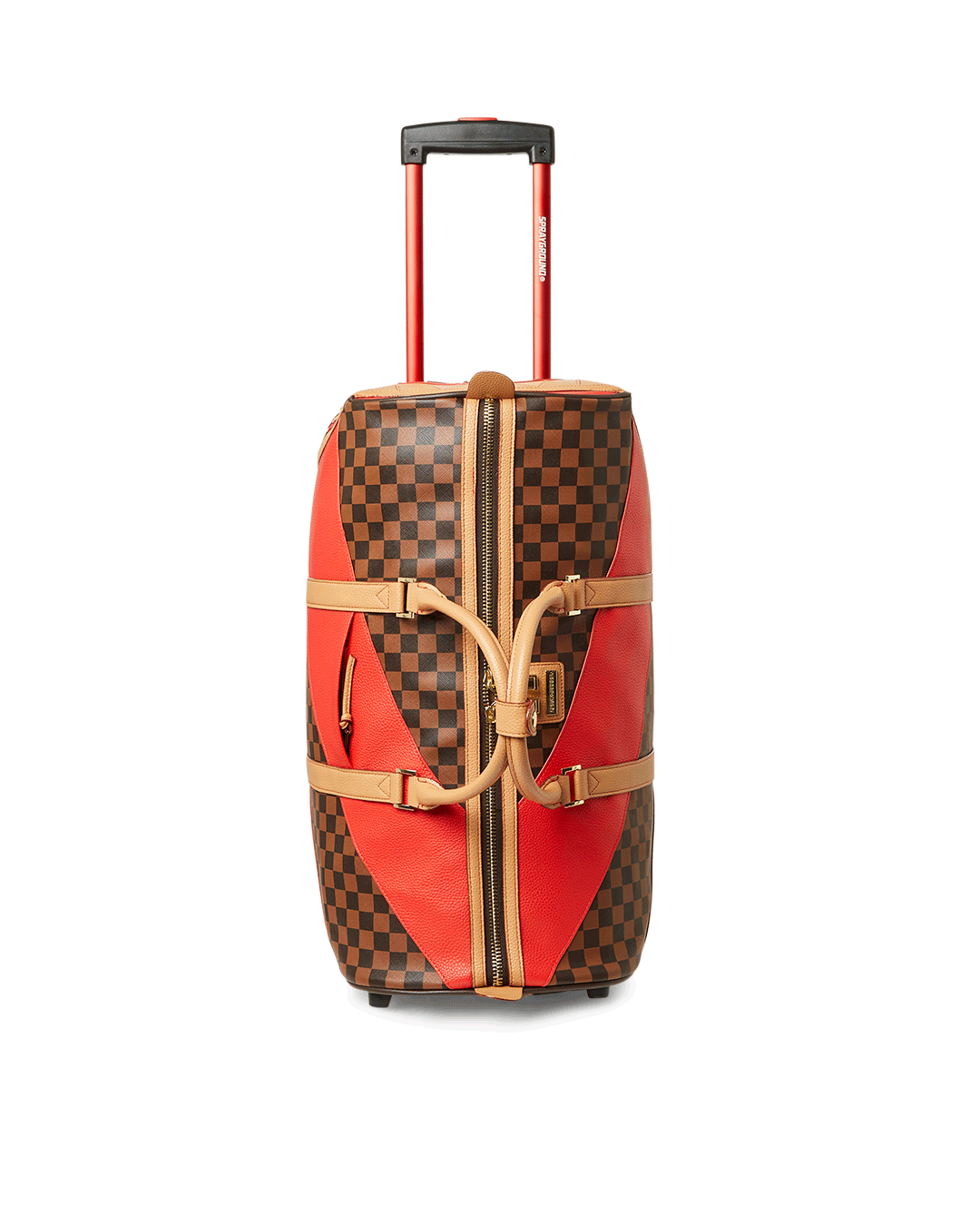 Front view of Henny rolling duffle bag with wheels and faux leather finish.