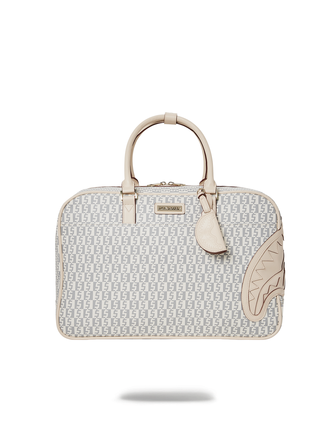 Faux leather travel duffle bag with wheels in a modern airport setting