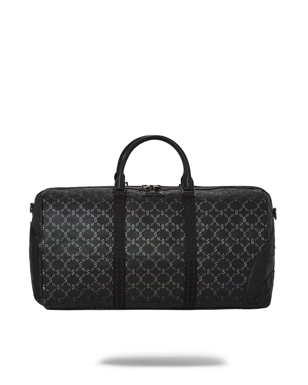 Front view of iridescent mens duffle bag showing gold zippers