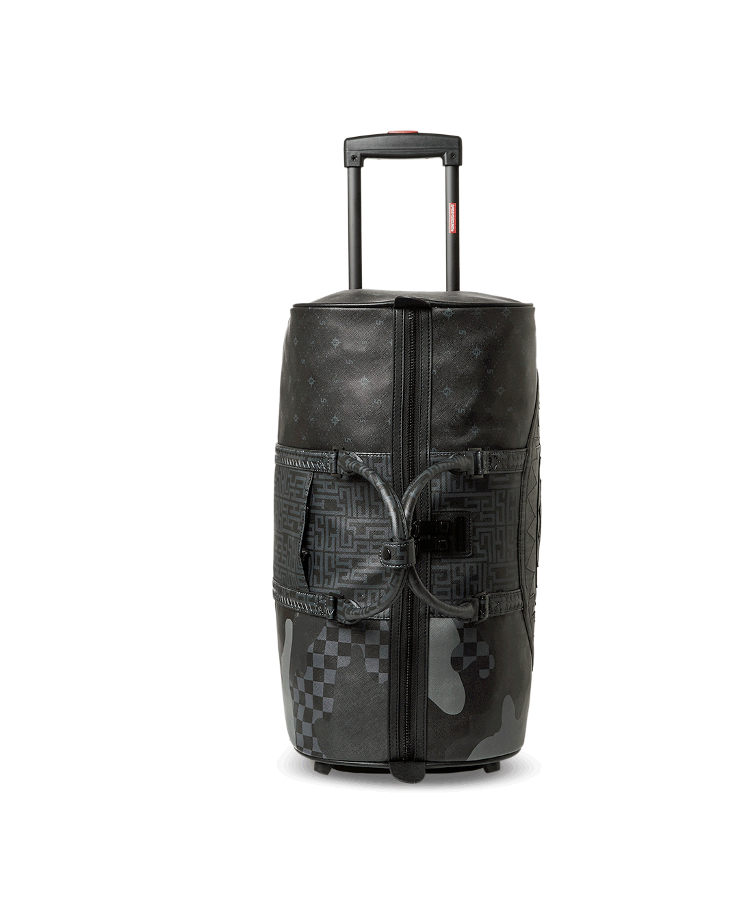 TravelMaster Duffle Bag with Wheels in use as a golf travel bag, highlighting its spacious interior and durable faux leather.