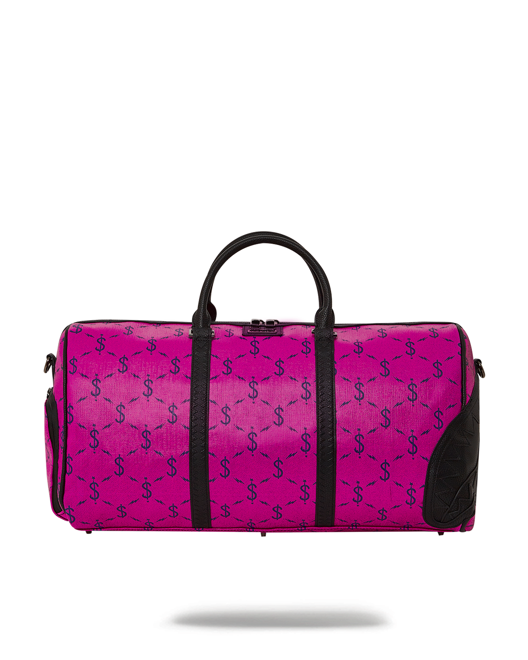 Faux leather duffle bag with adjustable straps and gold zippers.