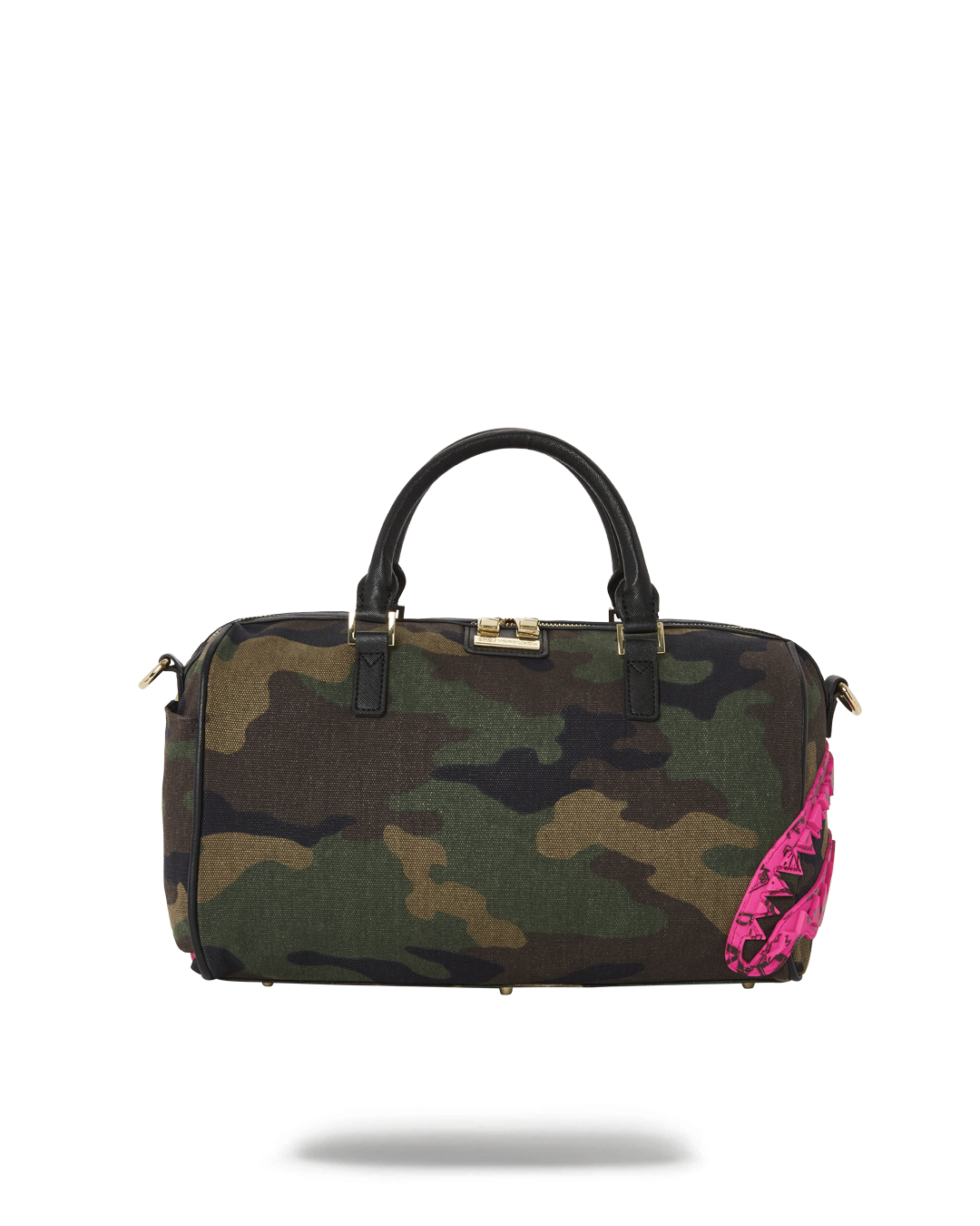 Mini duffle bag with gold zippers and adjustable straps, ideal for gym use.
