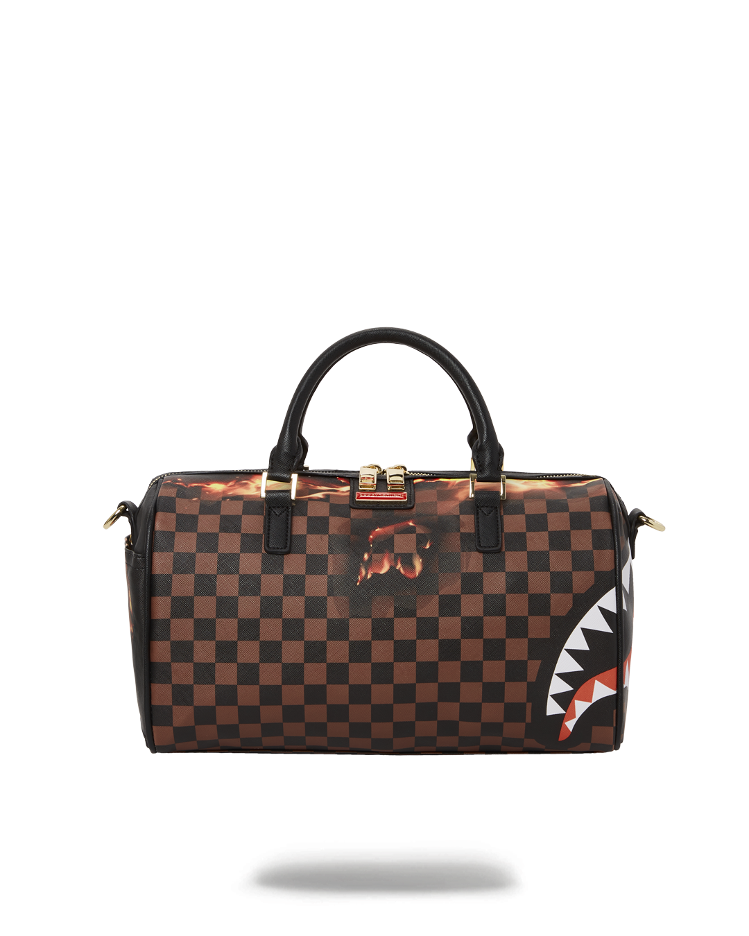 Front angle showing the mini duffle bag’s structured silhouette and gold accents