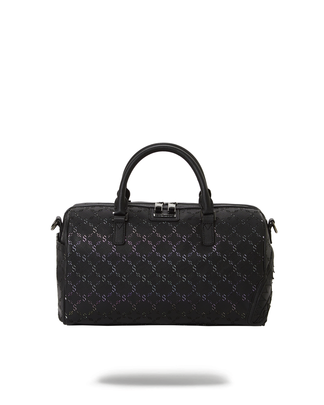 Faux leather mini duffle bag with sneaker pocket and metallic accents
