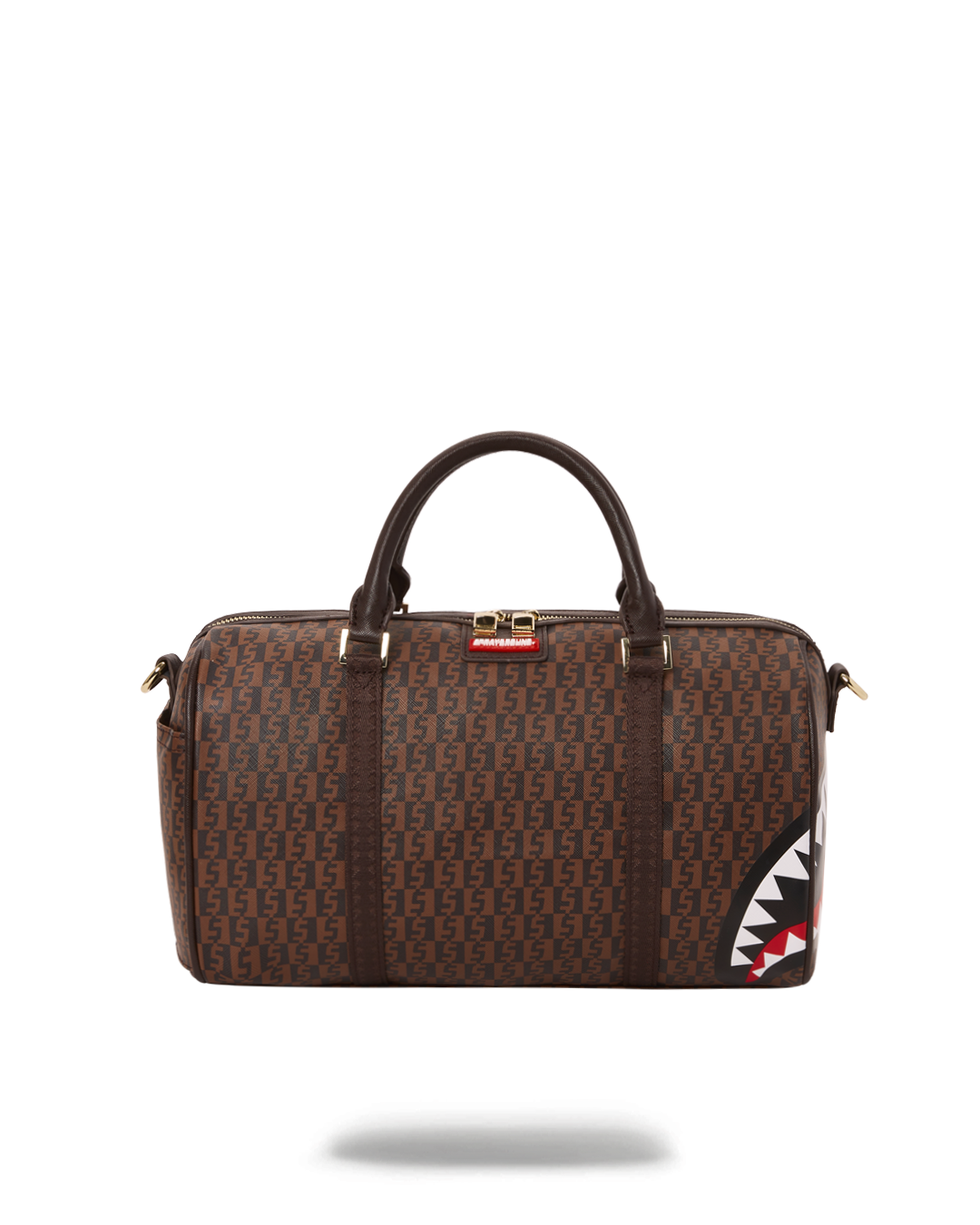 Front view of vegan leather duffle showcasing metal zippers and sleek hardware