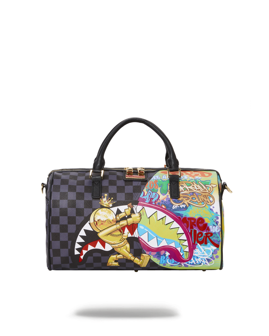 Sprayground Astromane Sharks mini duffle bag front view with metal zippers