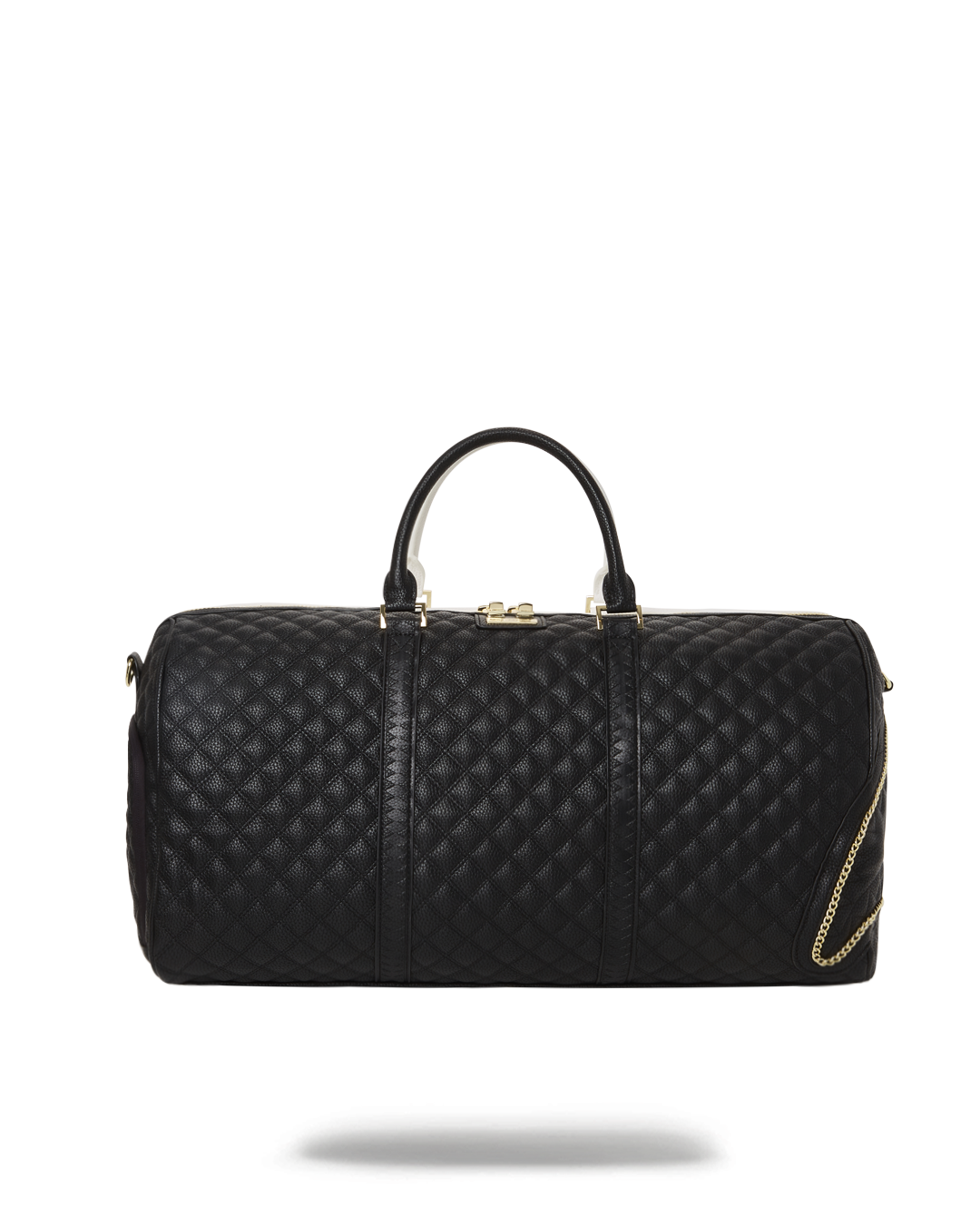 Front view of the shark duffle bag showcasing quilted design and gold accents.