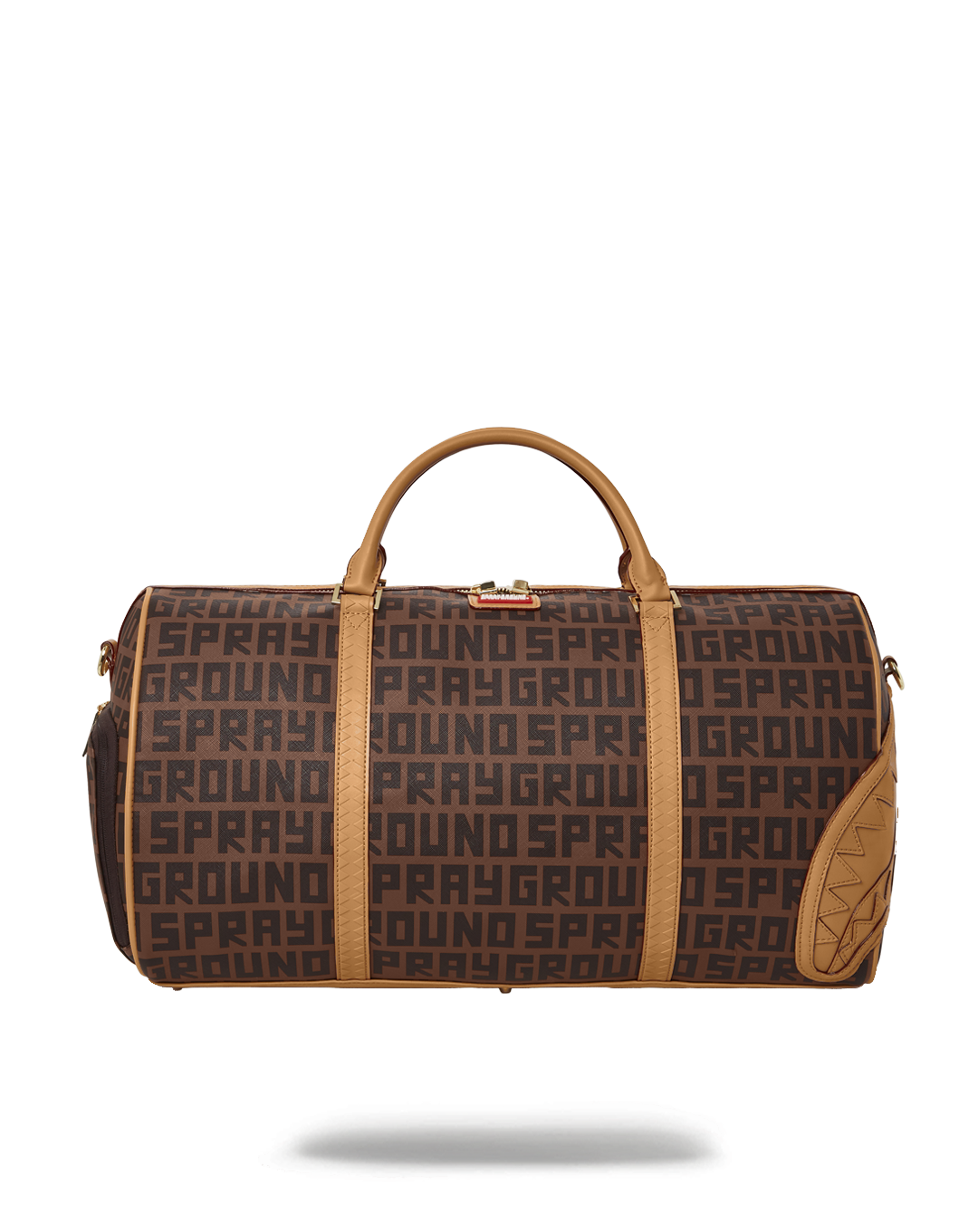 Side-angle view showing the gold zippers and back pocket of faux leather duffle bag.