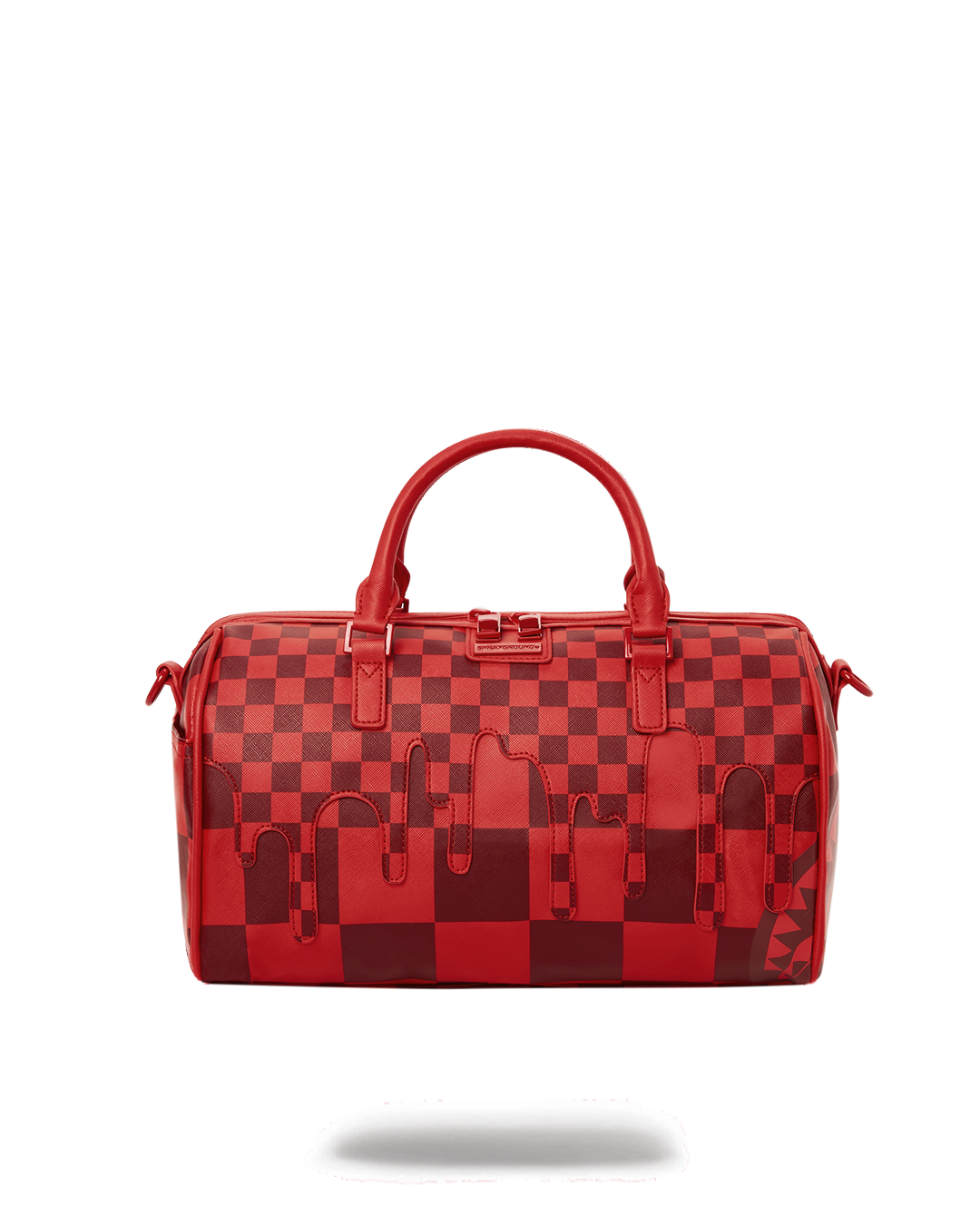 Vegan leather mini duffle bag with gold zippers and adjustable straps.