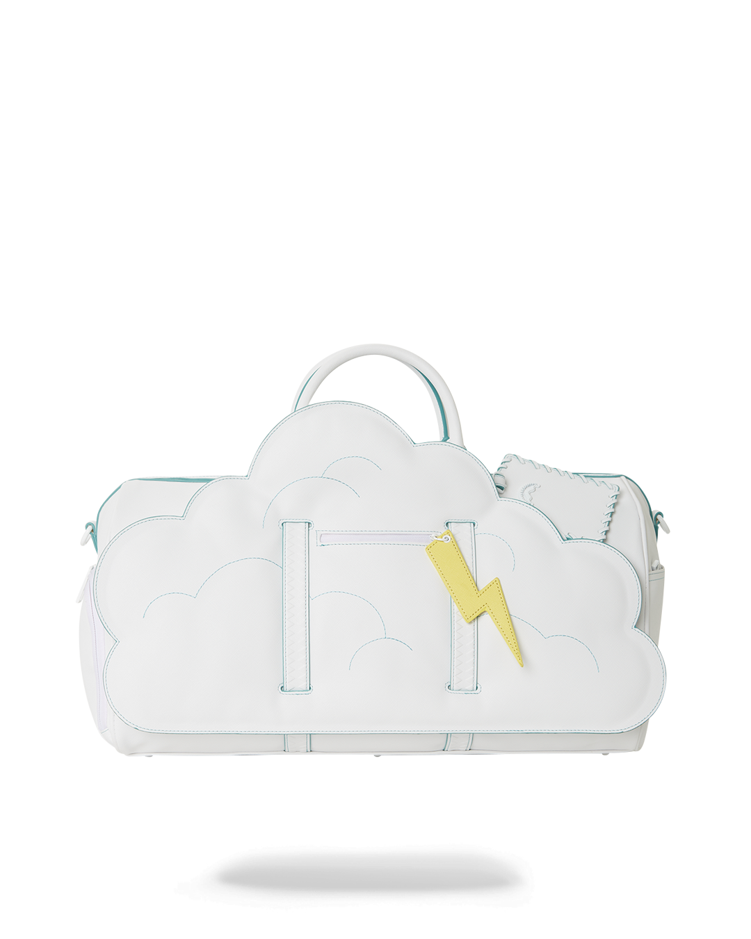 Front view of Sprayground shark duffle bag with blue embroidery