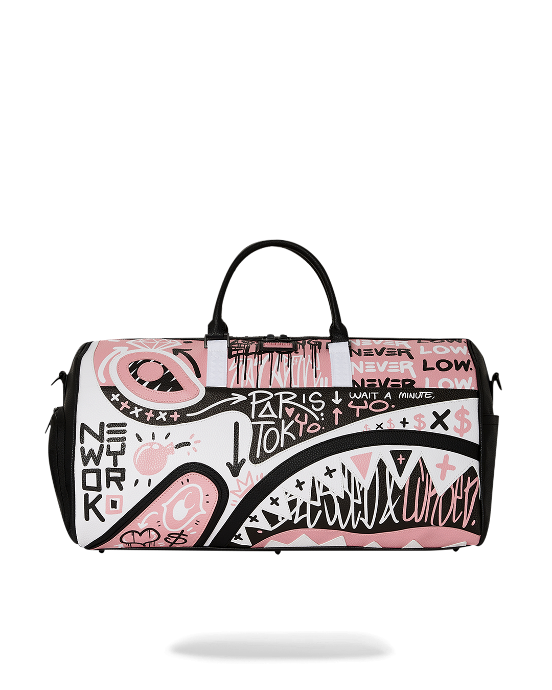 Side profile of faux leather travel bag showing sneaker pocket and gold hardware