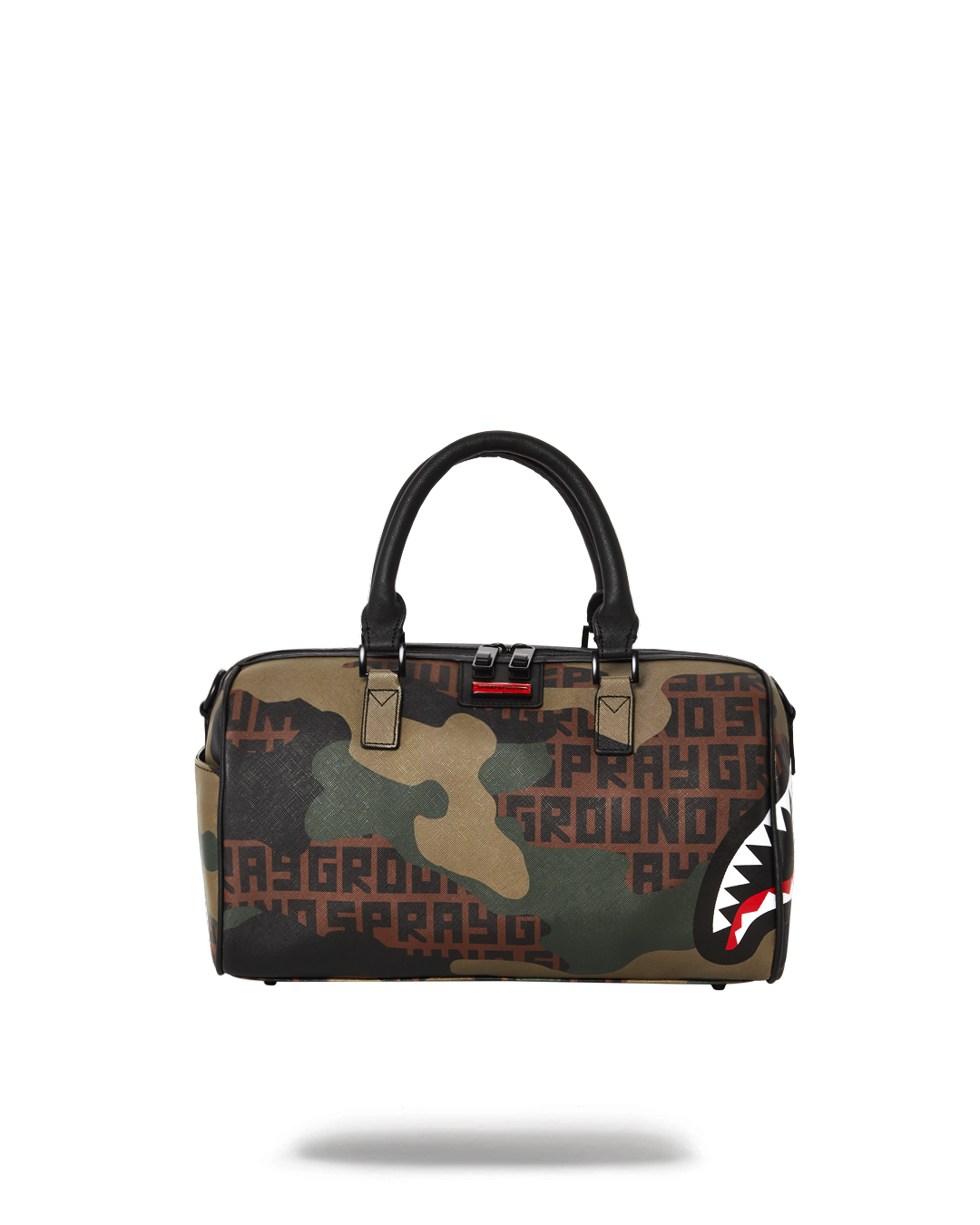 Camo Luxe Mini Duffle Bag showing front view with zipper pocket.