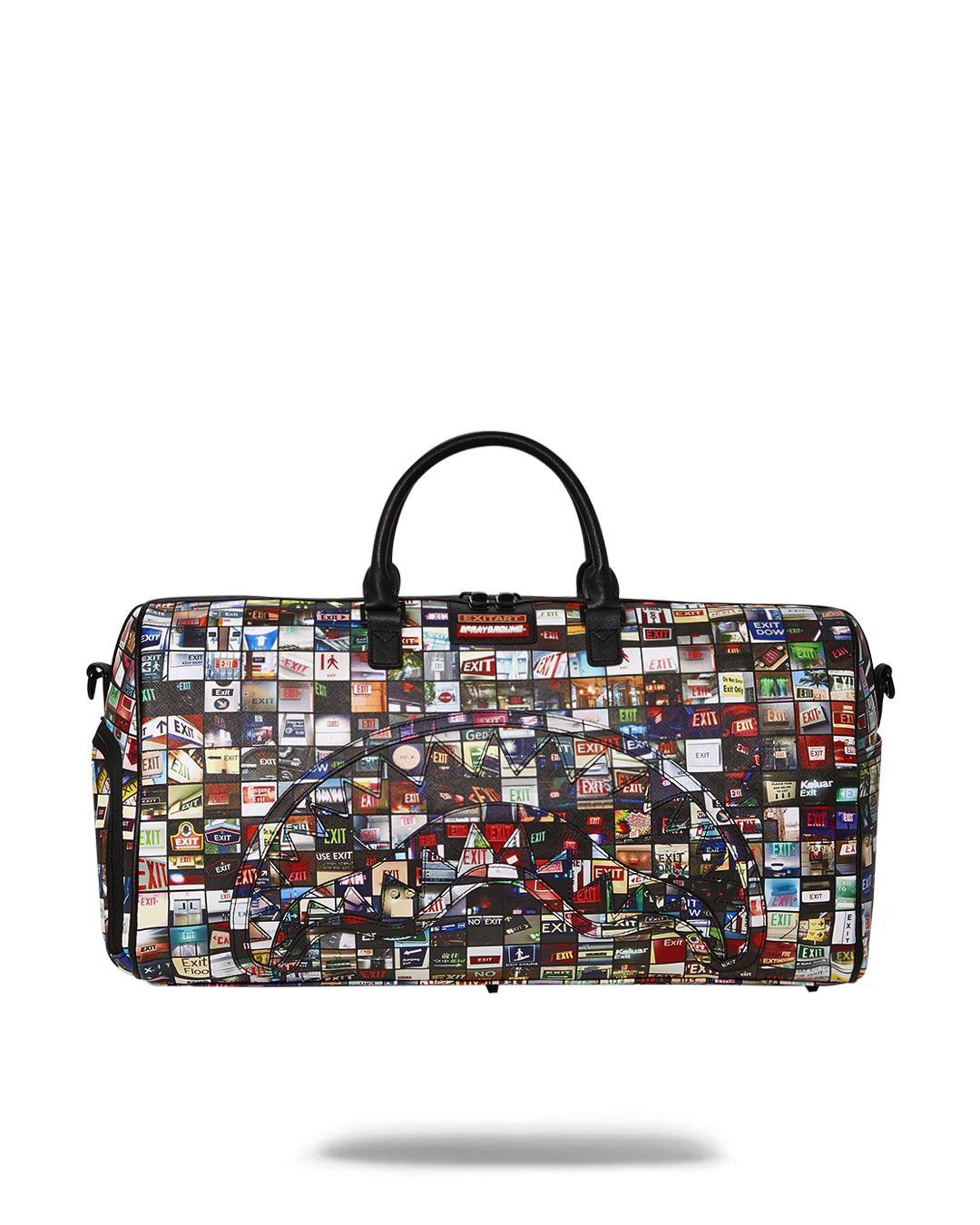 Faux leather duffle bag with artistic design and gold hardware