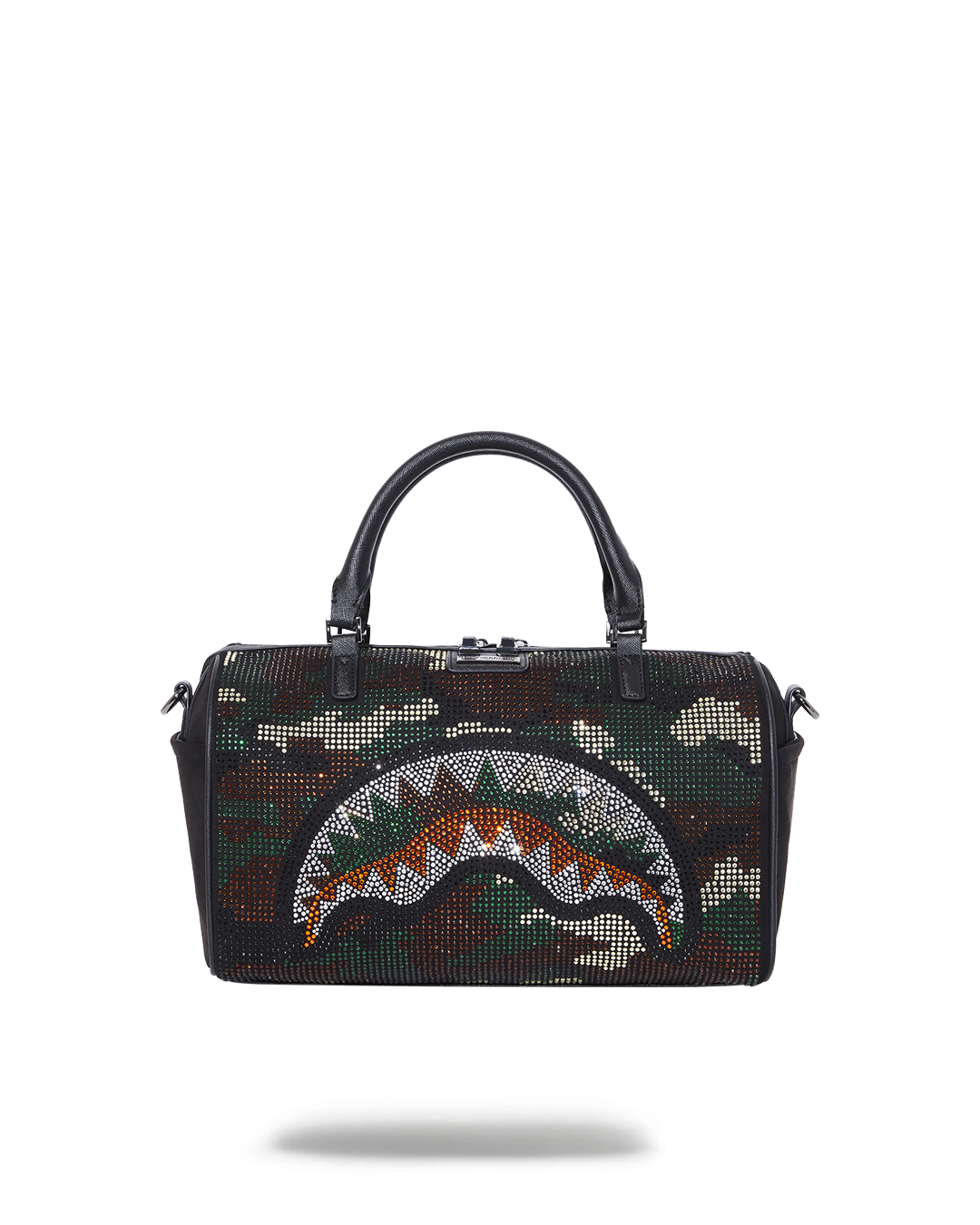 Close-up of Trinity Camo Mini Duffle Bag showing faux leather texture and zippers