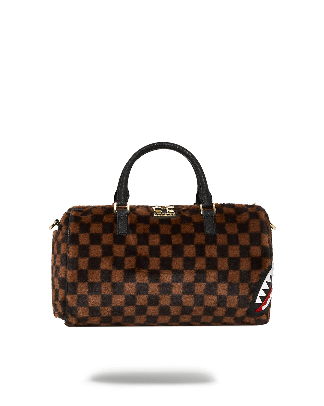 Faux fur mini duffle bag with metal zippers and adjustable straps, ideal for travel.