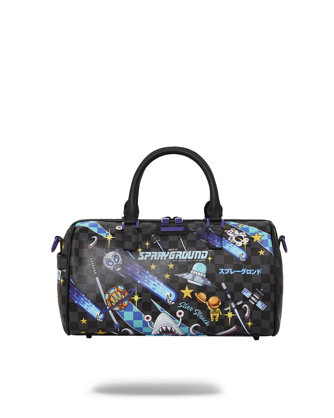 Galactic mini duffle bag showcasing its zipper pocket and adjustable straps.