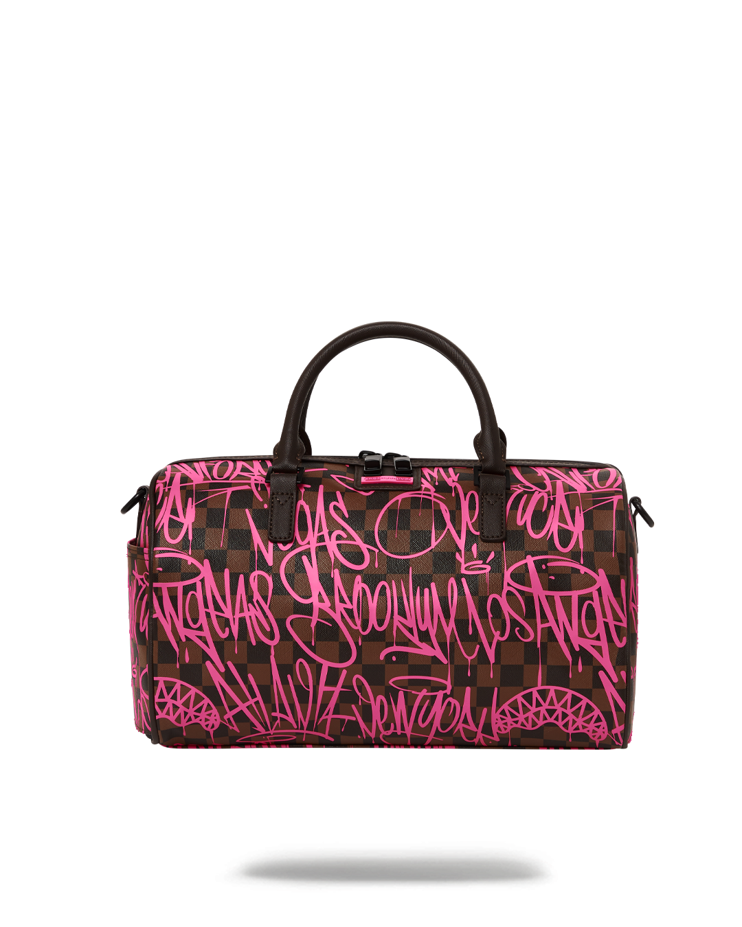 Jetgraphix mini duffle bag held by adjustable straps, showing zippered pockets