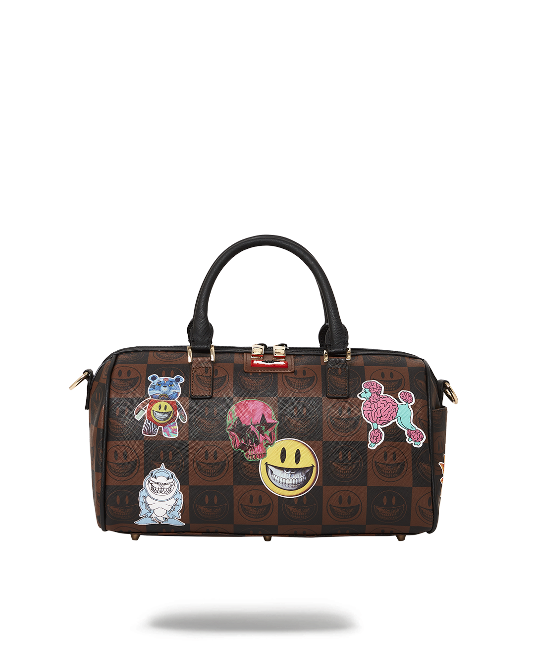 Black faux leather mini duffle bag purse with graffiti-style artwork