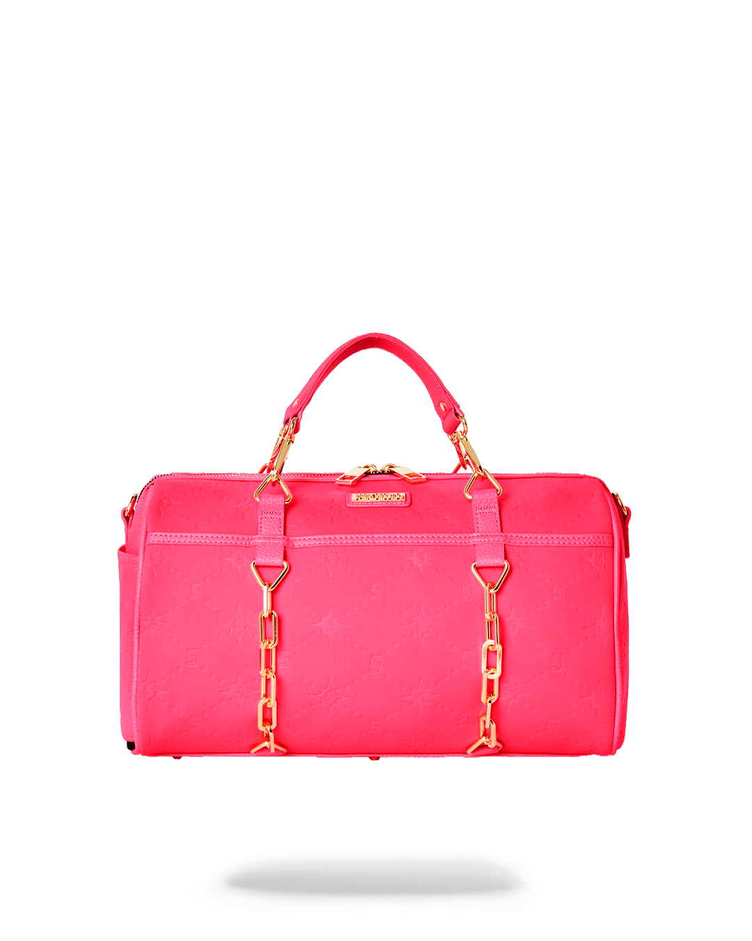 Sprayground neoprene mini duffle bag with gold chain accents and custom logo pattern