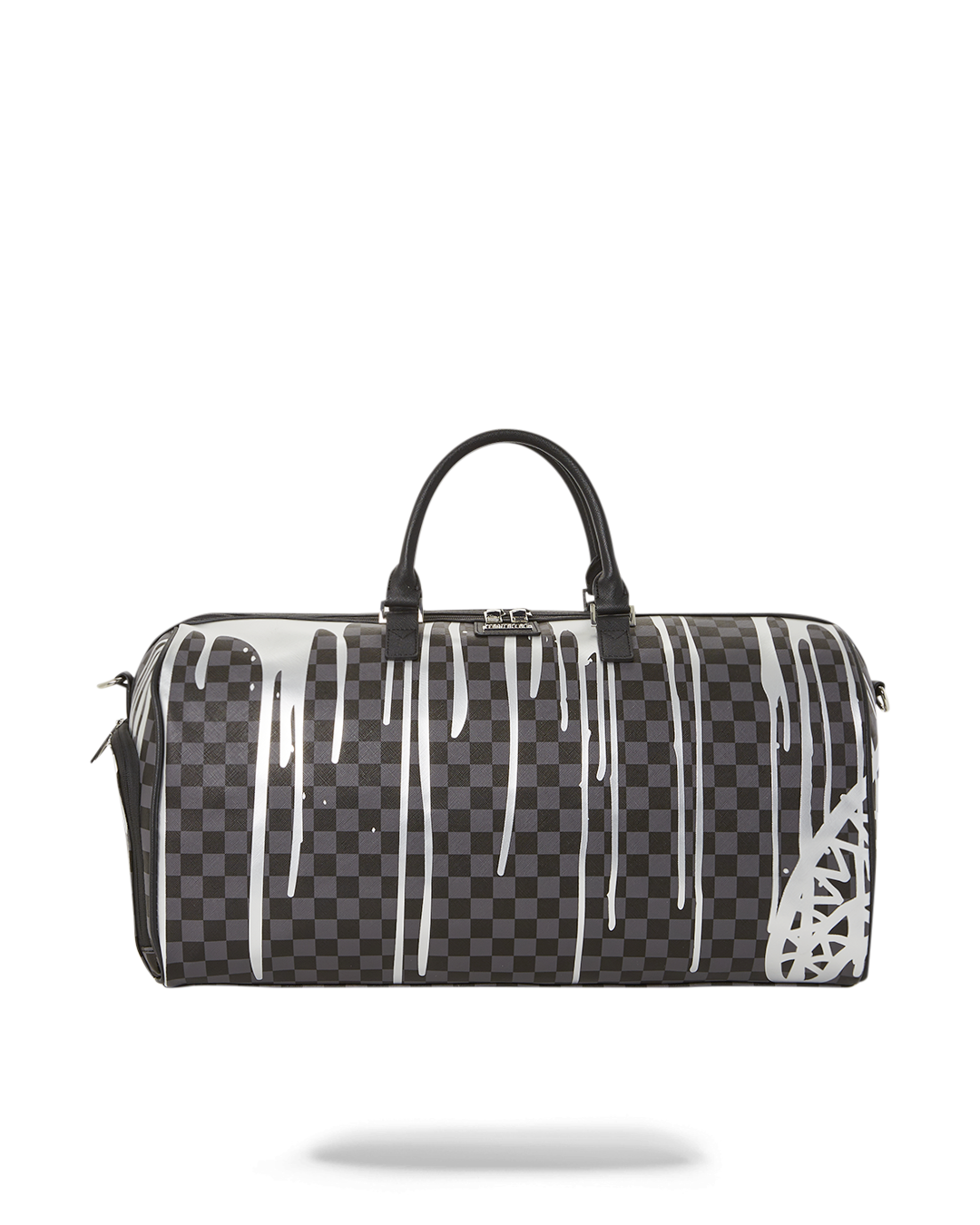 Faux leather duffle bag with gold zippers and adjustable straps, ideal for travel