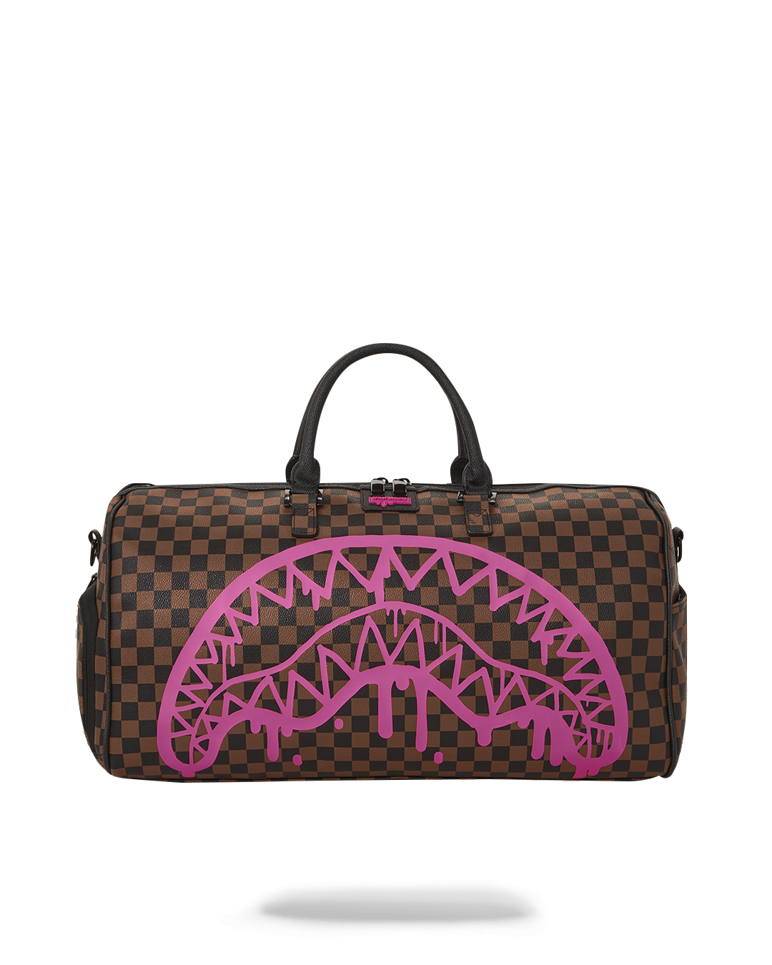 Black faux leather duffle bag with adjustable straps laid flat