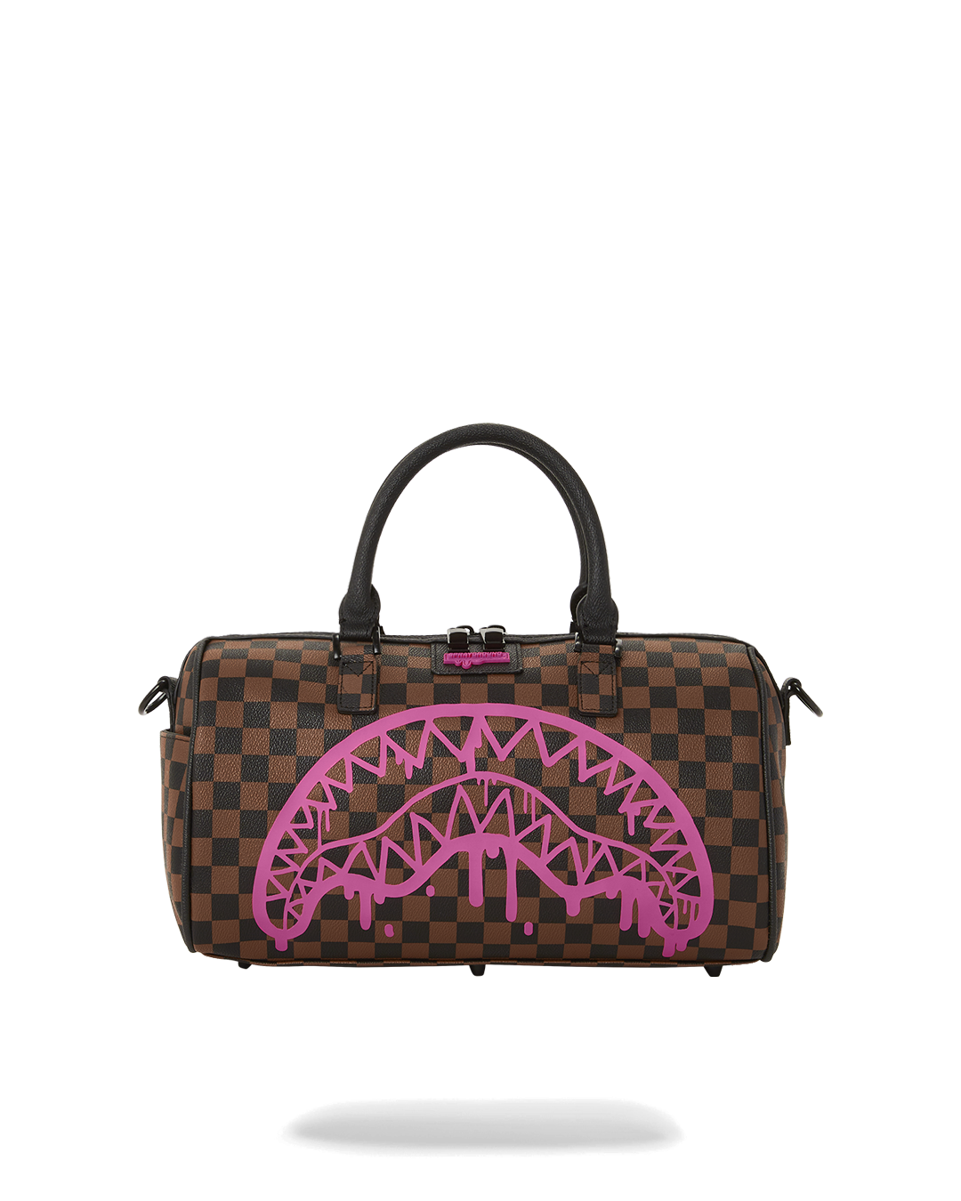Front angle view of the faux leather tote bag showing gold zippers and compact size