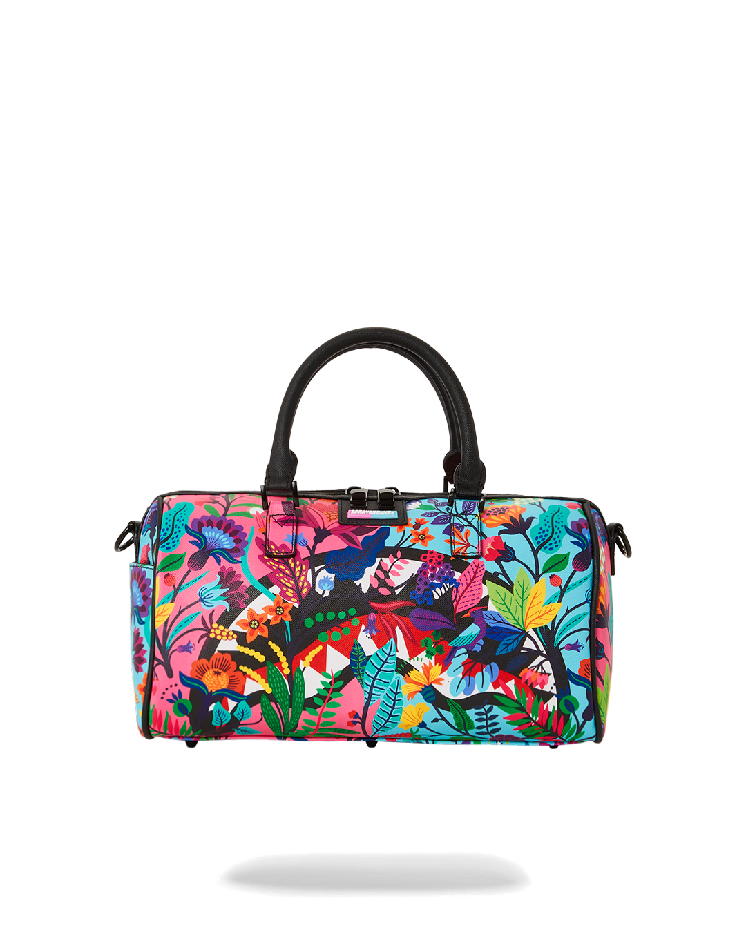 Front view of the faux leather mini duffle bag showing gold zippers and adjustable straps