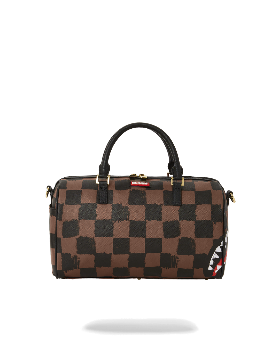 Front view of Sprayground duffle bag with gold hardware and Paris design.