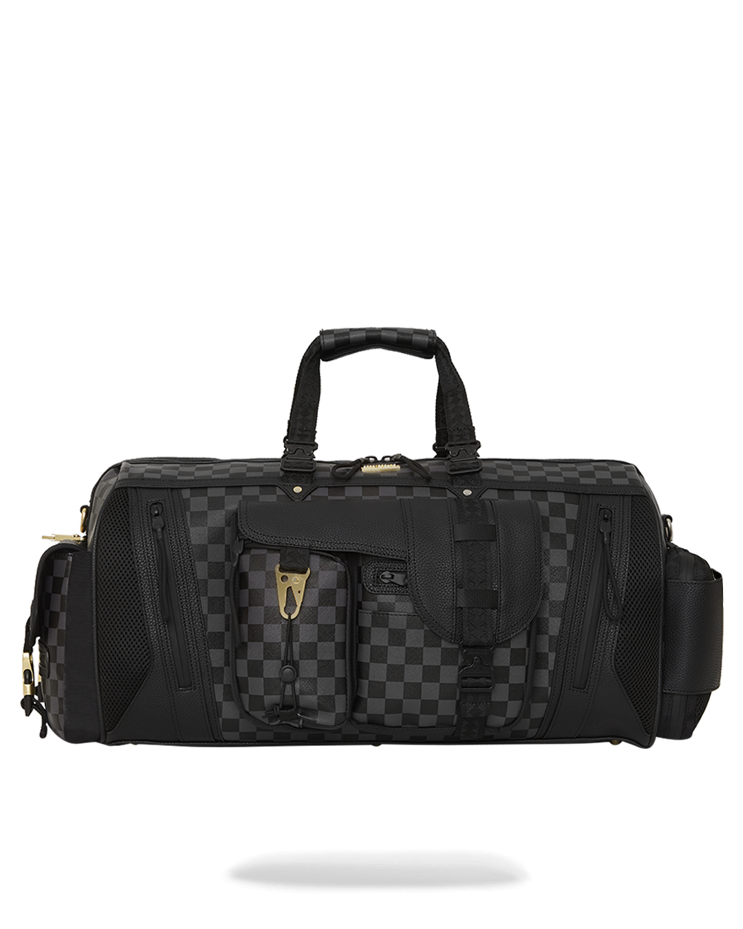 Tactical faux leather duffle bag shown with packed cargo pockets, ready for travel.