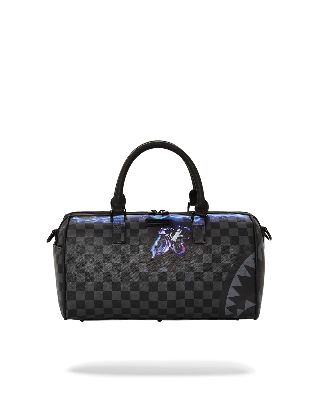 Front angle of leather duffle bag with gold zippers and adjustable strap