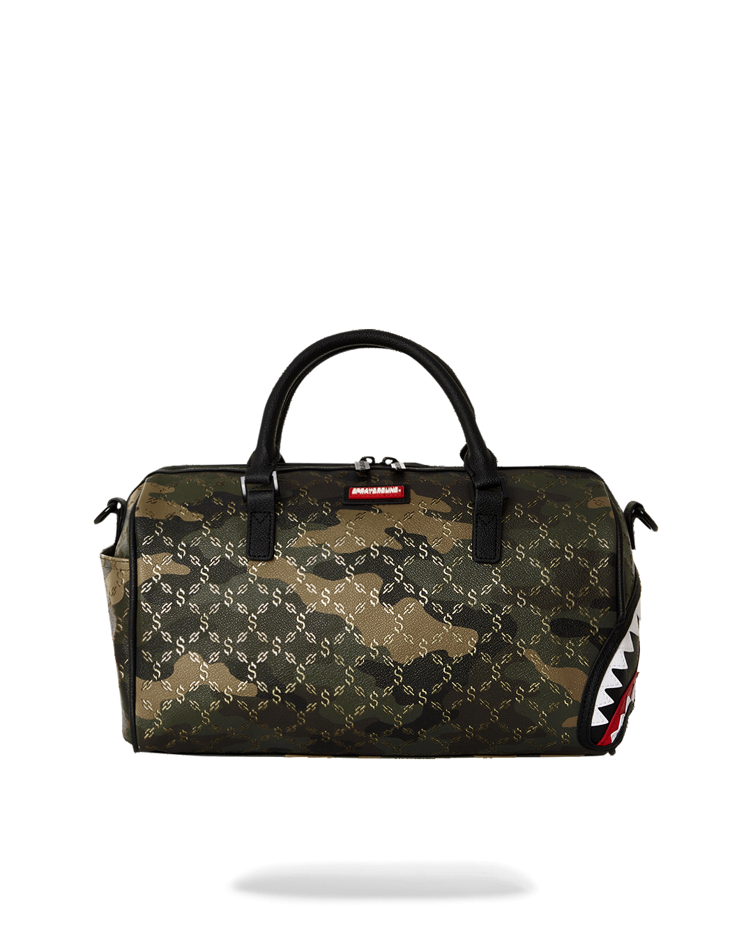 Vegan leather mini duffle bag with metallic camo detail, front view