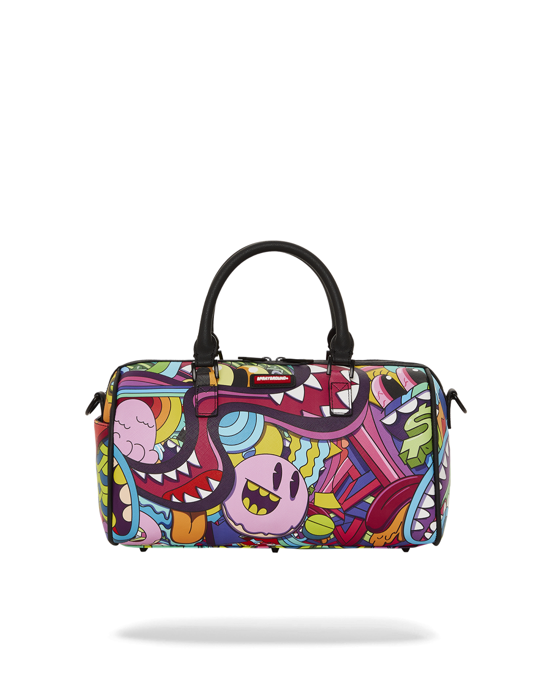 Faux leather mini duffle bag with adjustable straps and water-resistant fabric