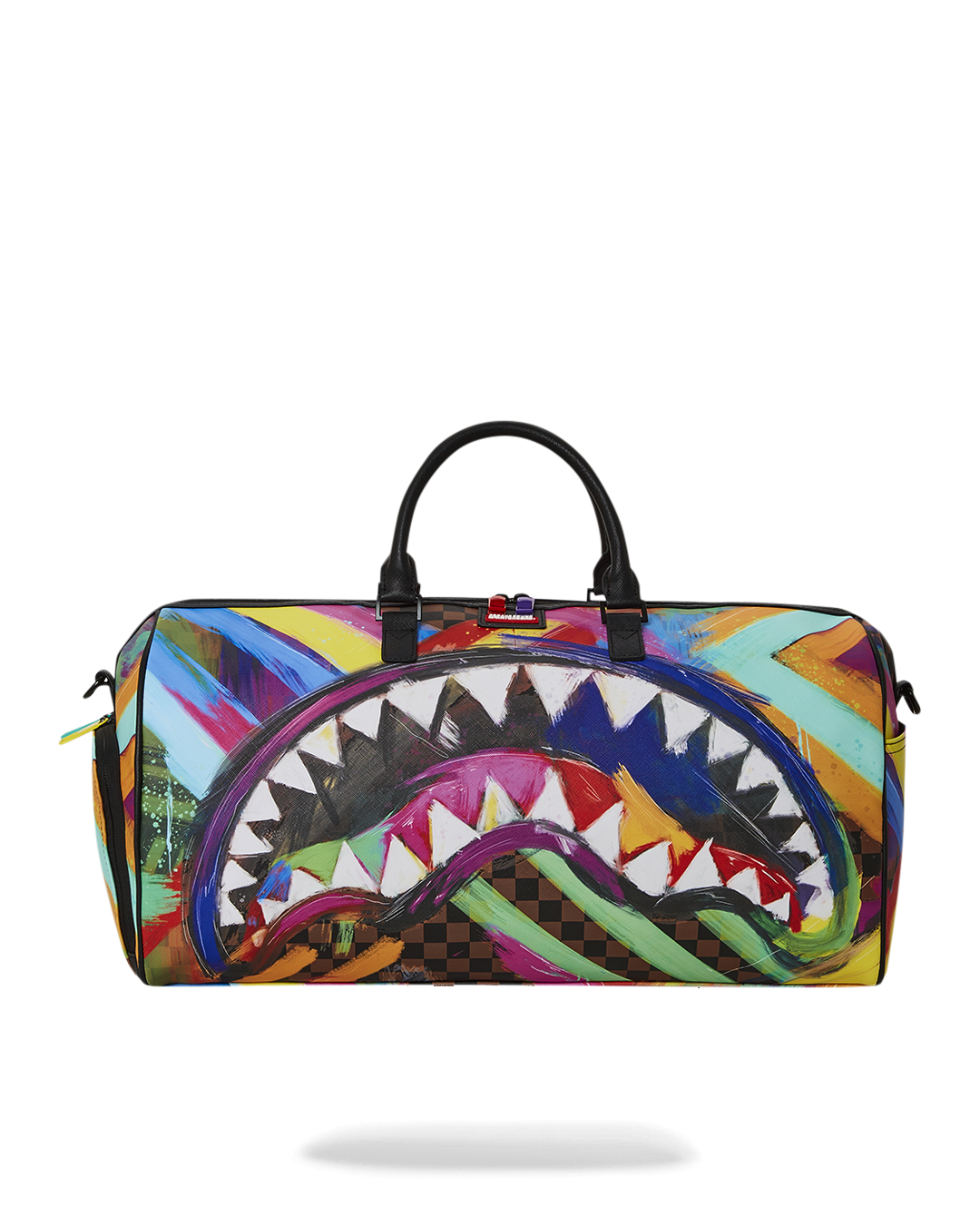 Faux leather duffle bag with gold zippers and adjustable straps, ideal for travel