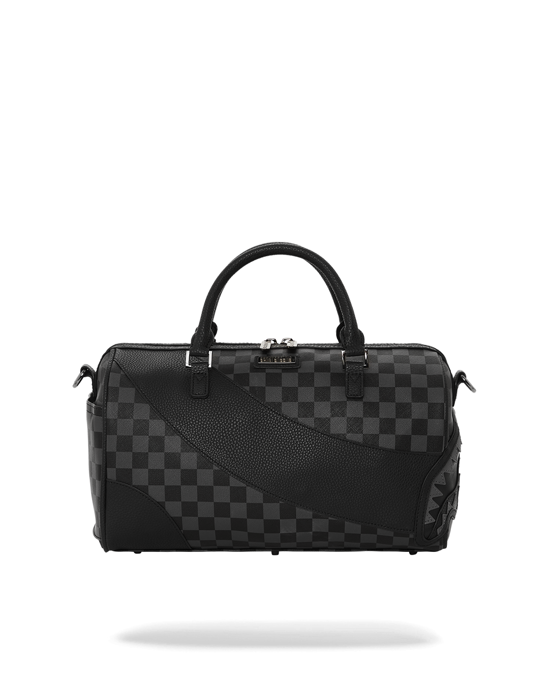 Vegan leather duffle bag with metal zippers and adjustable strap for travel