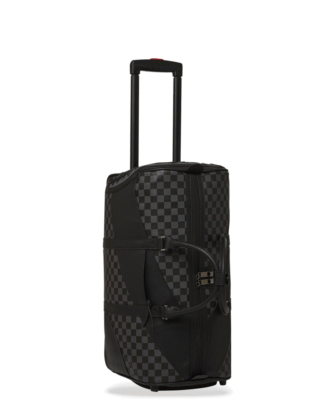 Faux leather wheeled duffle bag in use at an airport
