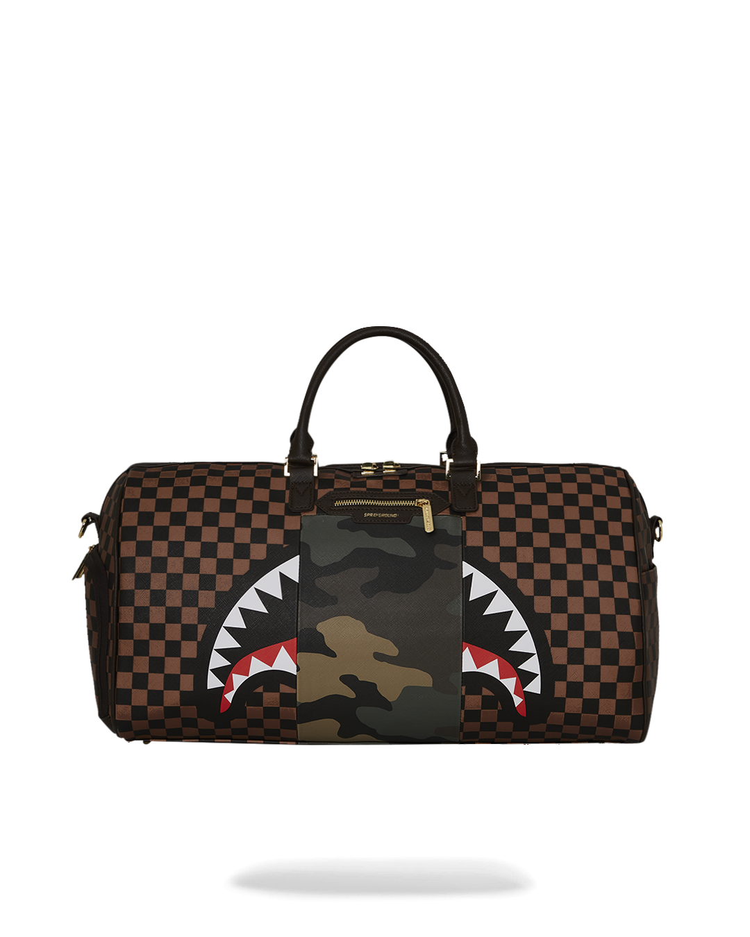 Front view of the faux leather duffle bag with gold accents.