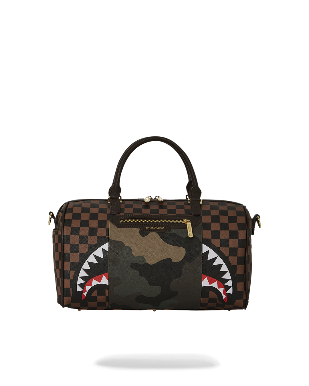 Chic mini duffle bag purse showcasing adjustable straps and gold zippers.