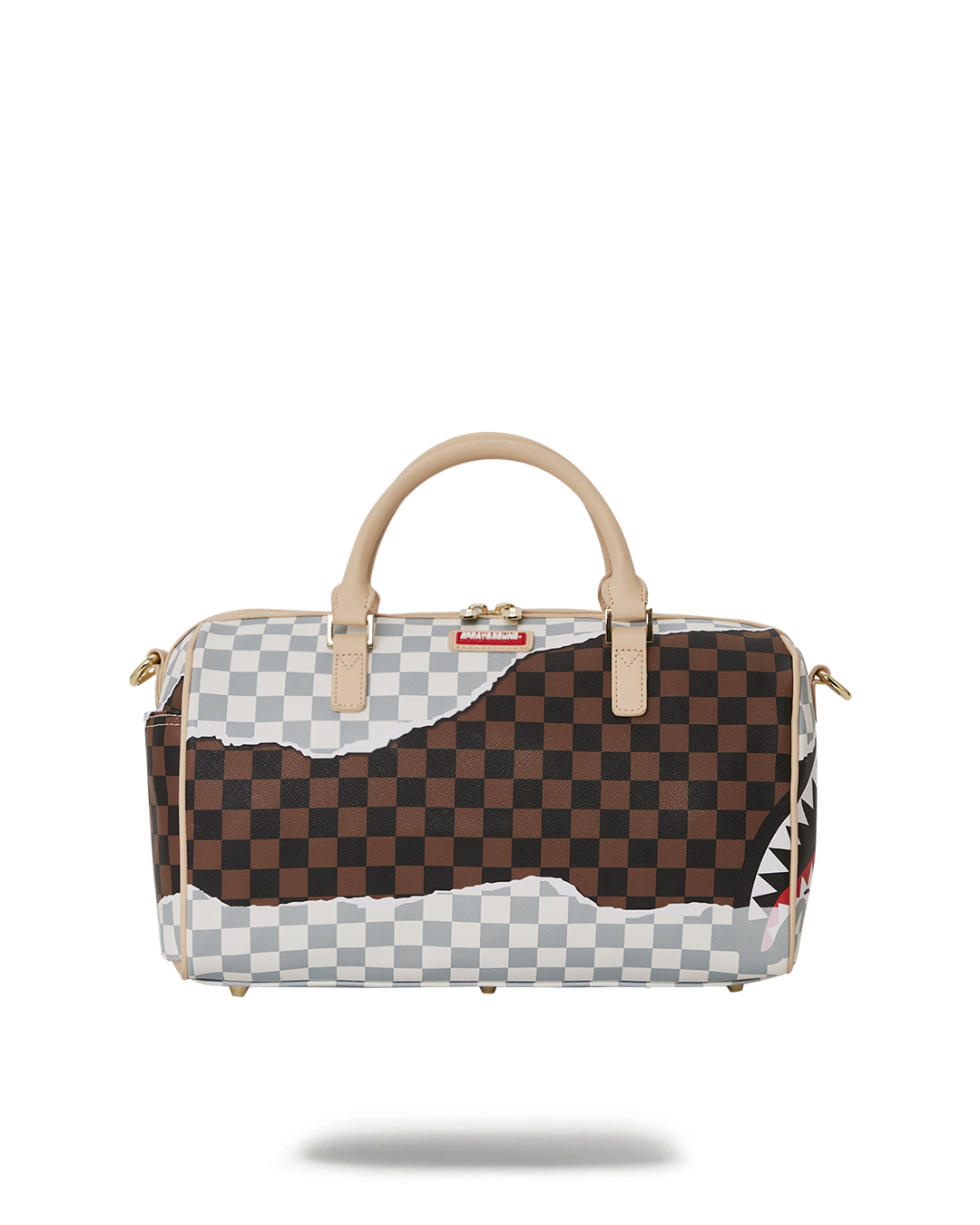 Mini leather duffle bag with adjustable straps and gold zippers.