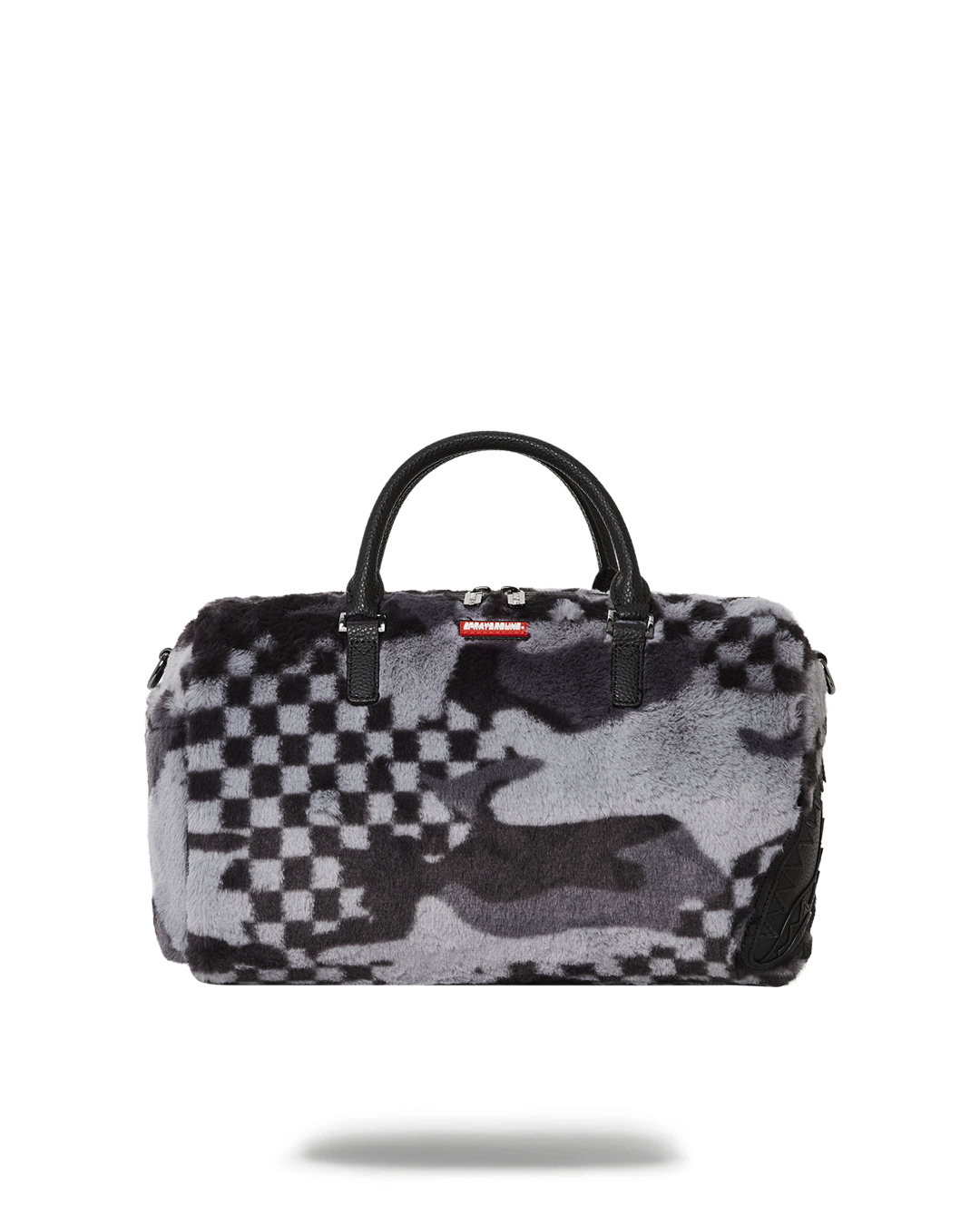 Front view of Aspen Highlands mini duffle bag showcasing faux leather and zipper details.