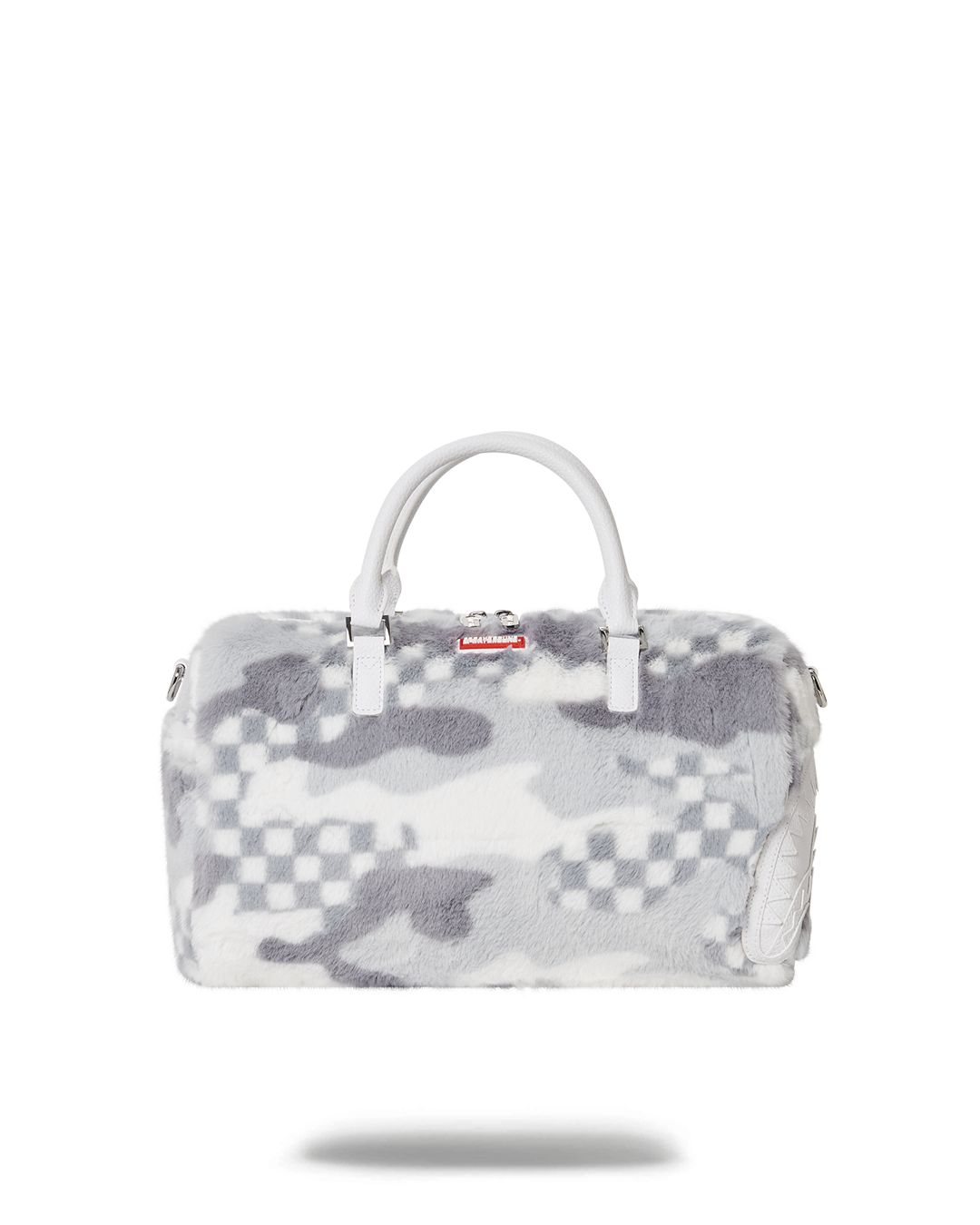 Faux leather mini duffle bag with check pattern and gold hardware, ideal for travel.