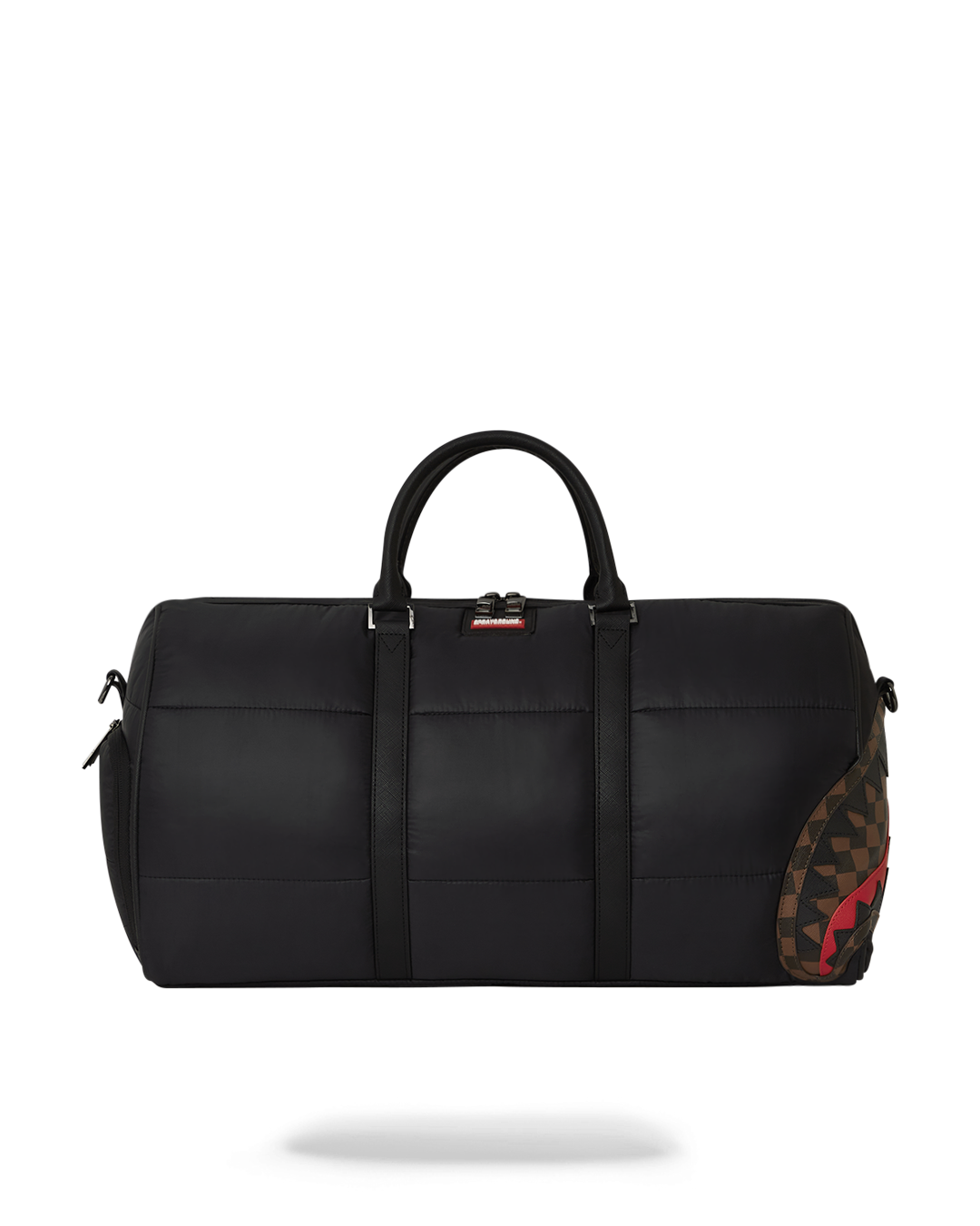 Front view of mens duffle bag travel with gold zippers and sleek horizontal quilting